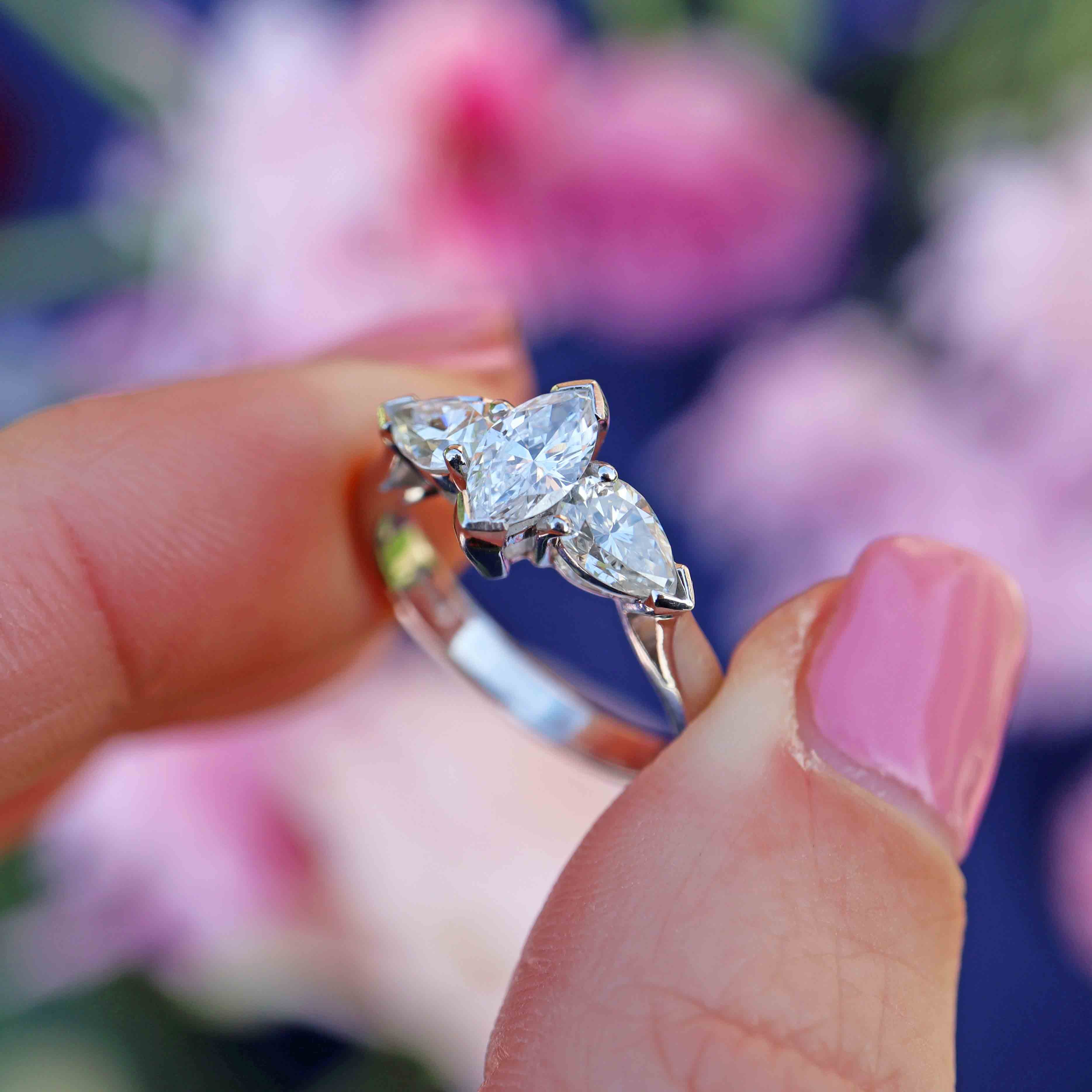 Ellibelle Jewellery Vintage Millennium Marquise & Pear-Cut Diamond Platinum Three-Stone Engagement Ring