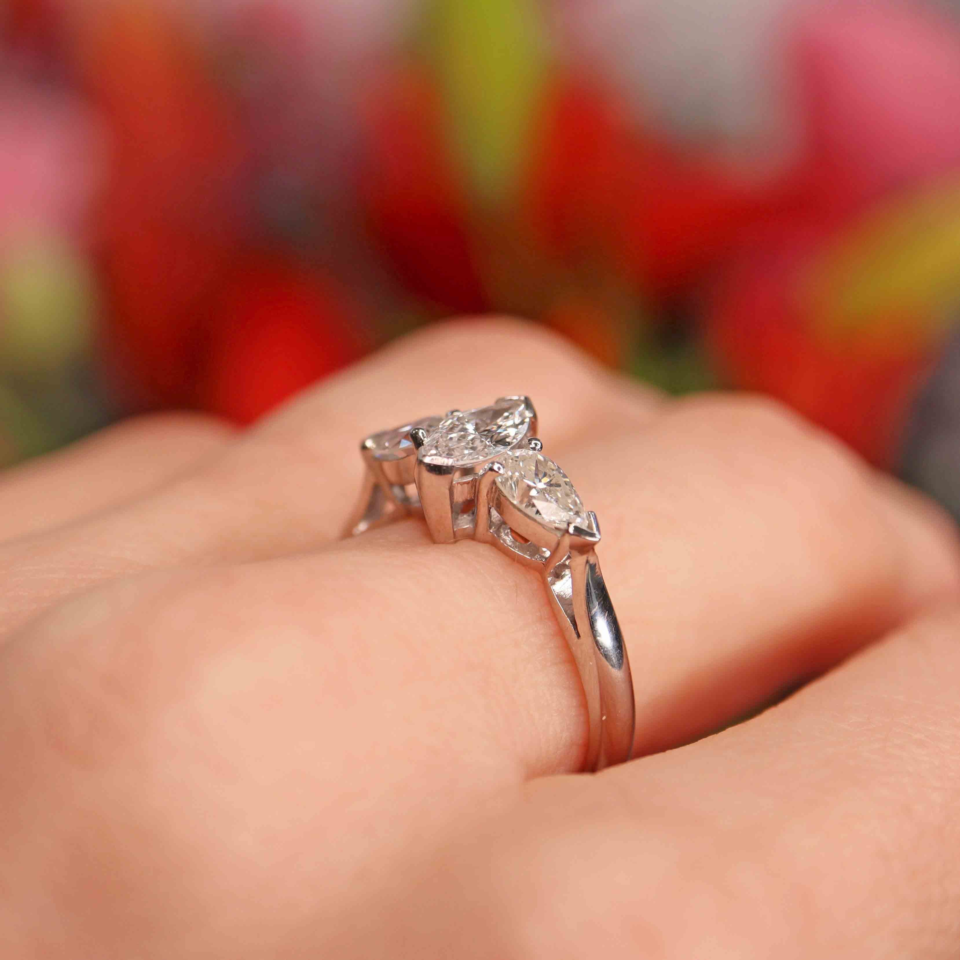 Ellibelle Jewellery Vintage Millennium Marquise & Pear-Cut Diamond Platinum Three-Stone Engagement Ring