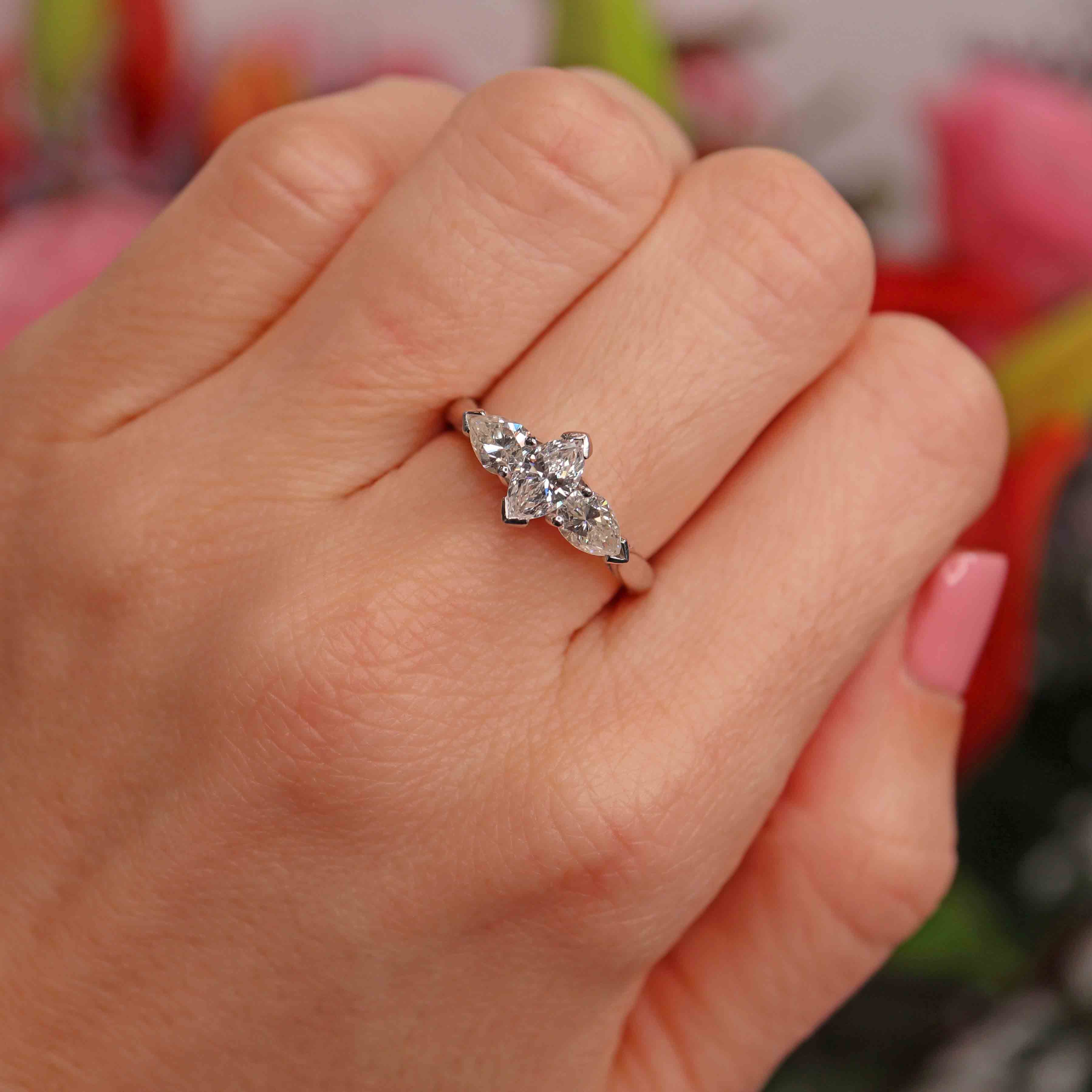 Ellibelle Jewellery Vintage Millennium Marquise & Pear-Cut Diamond Platinum Three-Stone Engagement Ring