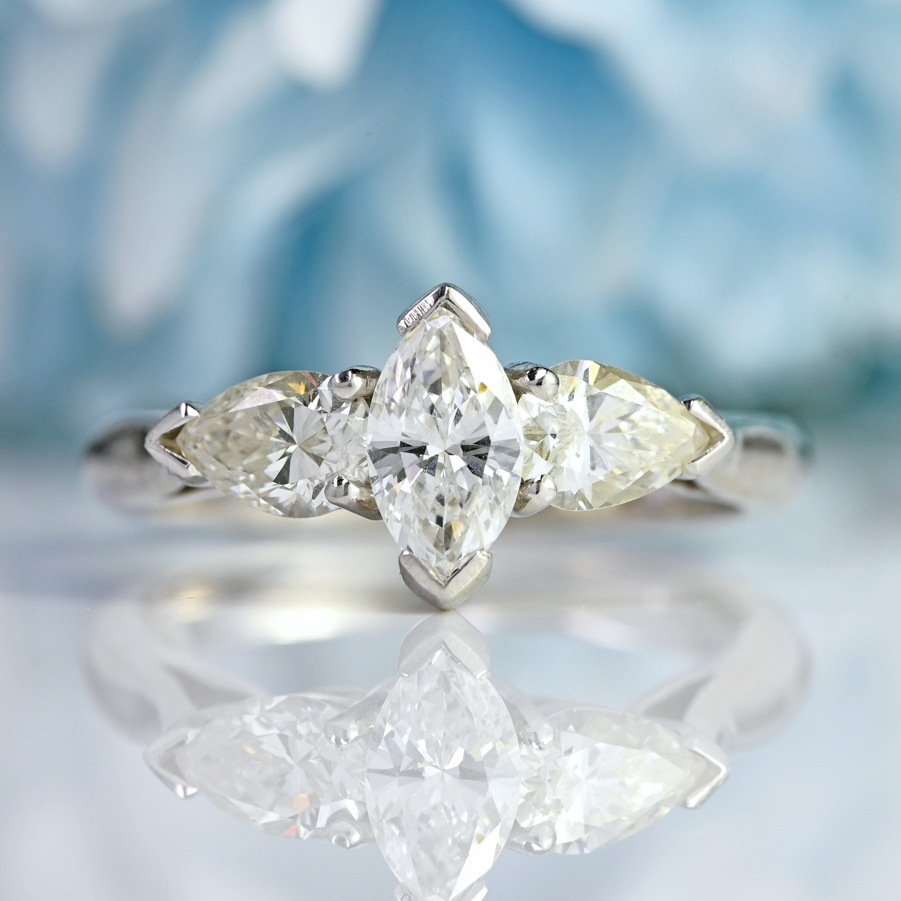 Ellibelle Jewellery Vintage Millennium Marquise & Pear-Cut Diamond Platinum Three-Stone Engagement Ring