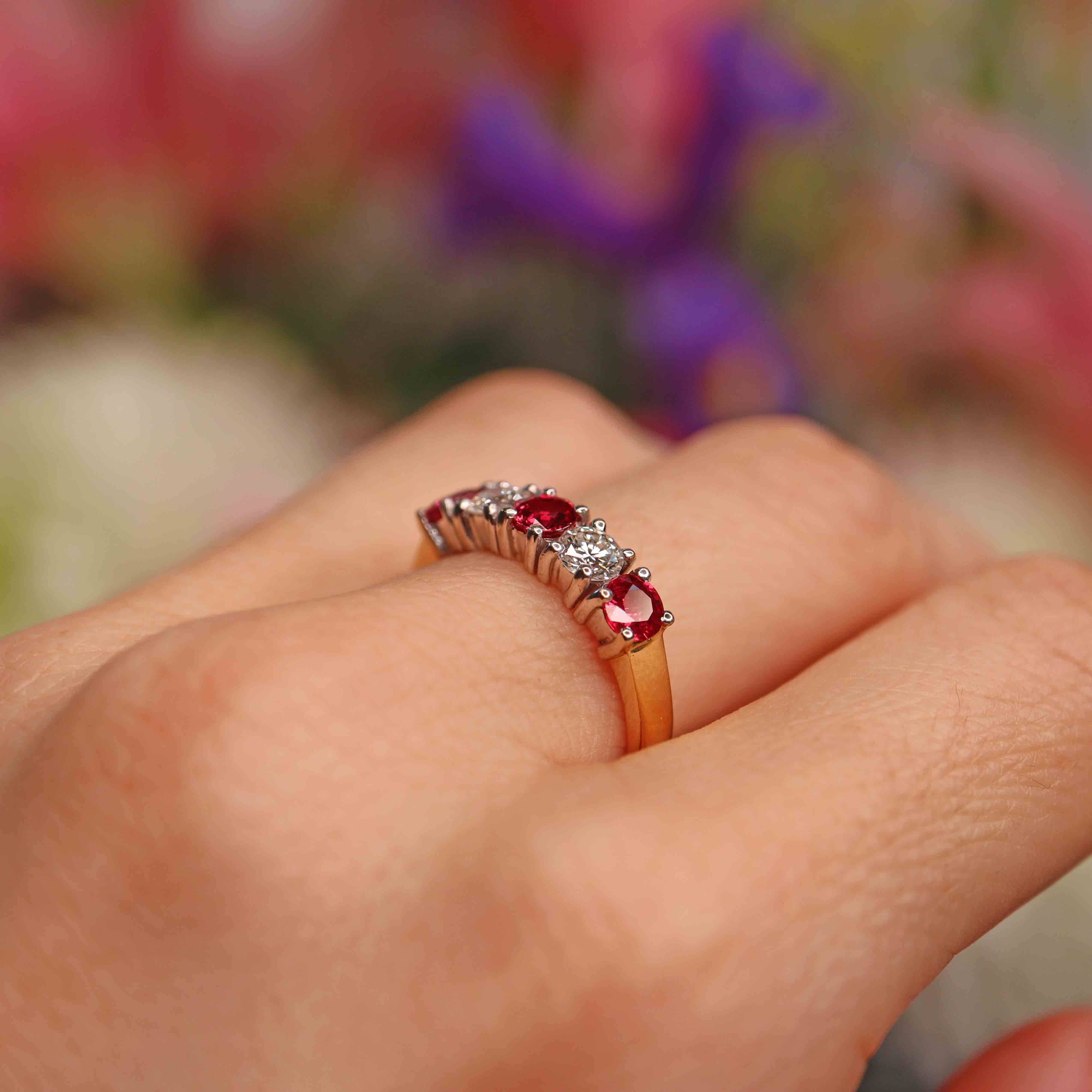 Ellibelle Jewellery Vintage Millennium Ruby & Diamond 18ct Gold Five-Stone Half-Eternity Band Ring