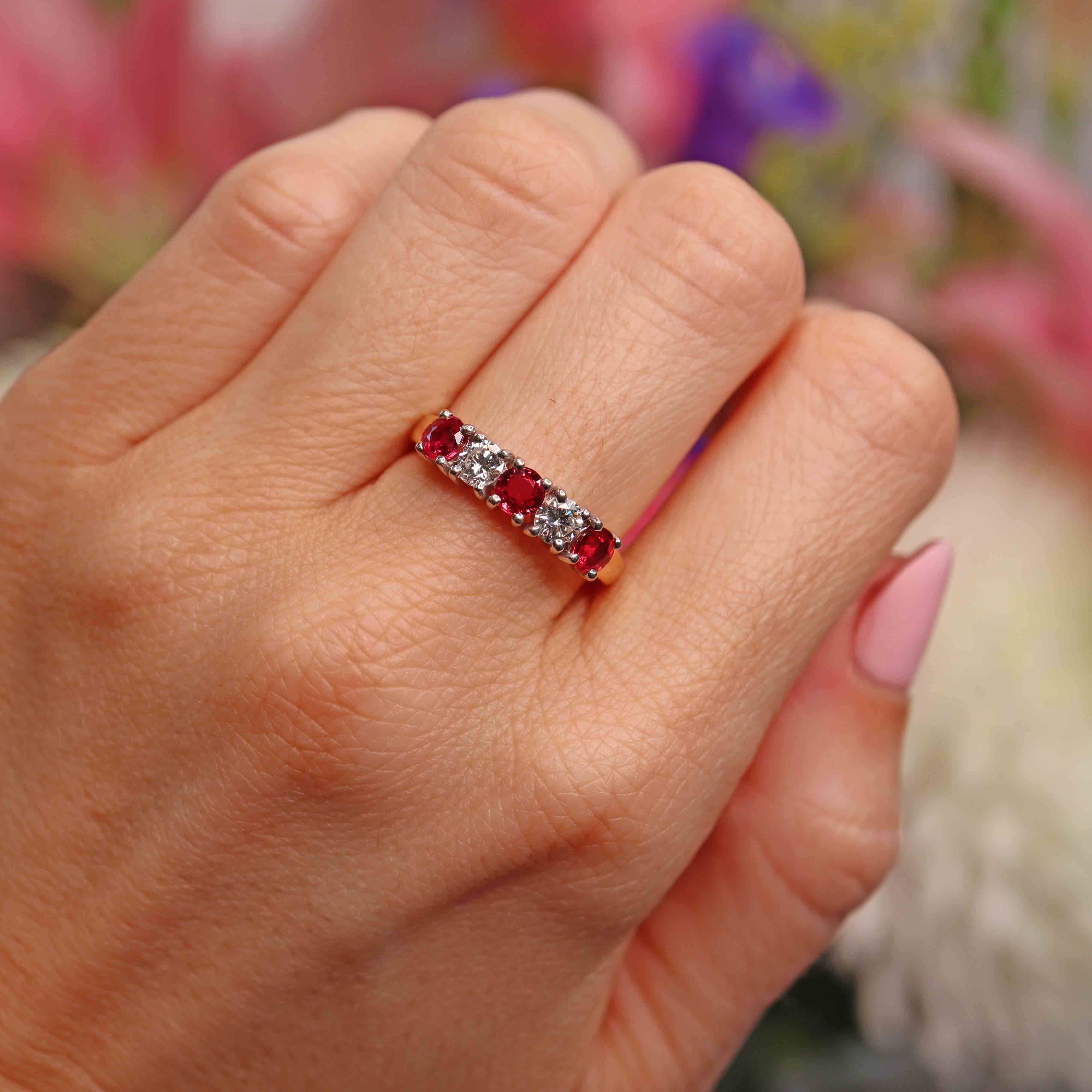 Ellibelle Jewellery Vintage Millennium Ruby & Diamond 18ct Gold Five-Stone Half-Eternity Band Ring