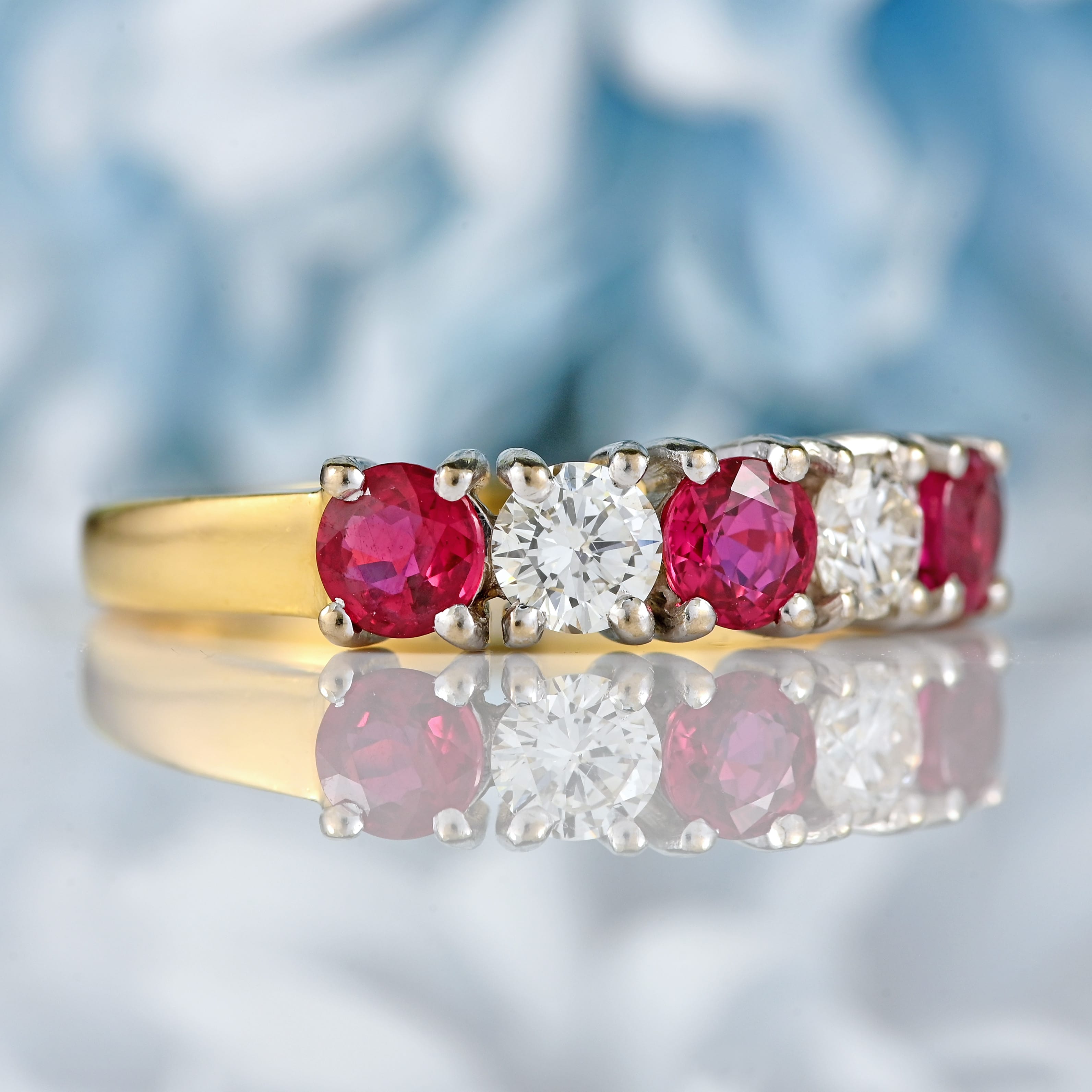 Ellibelle Jewellery Vintage Millennium Ruby & Diamond 18ct Gold Five-Stone Half-Eternity Band Ring