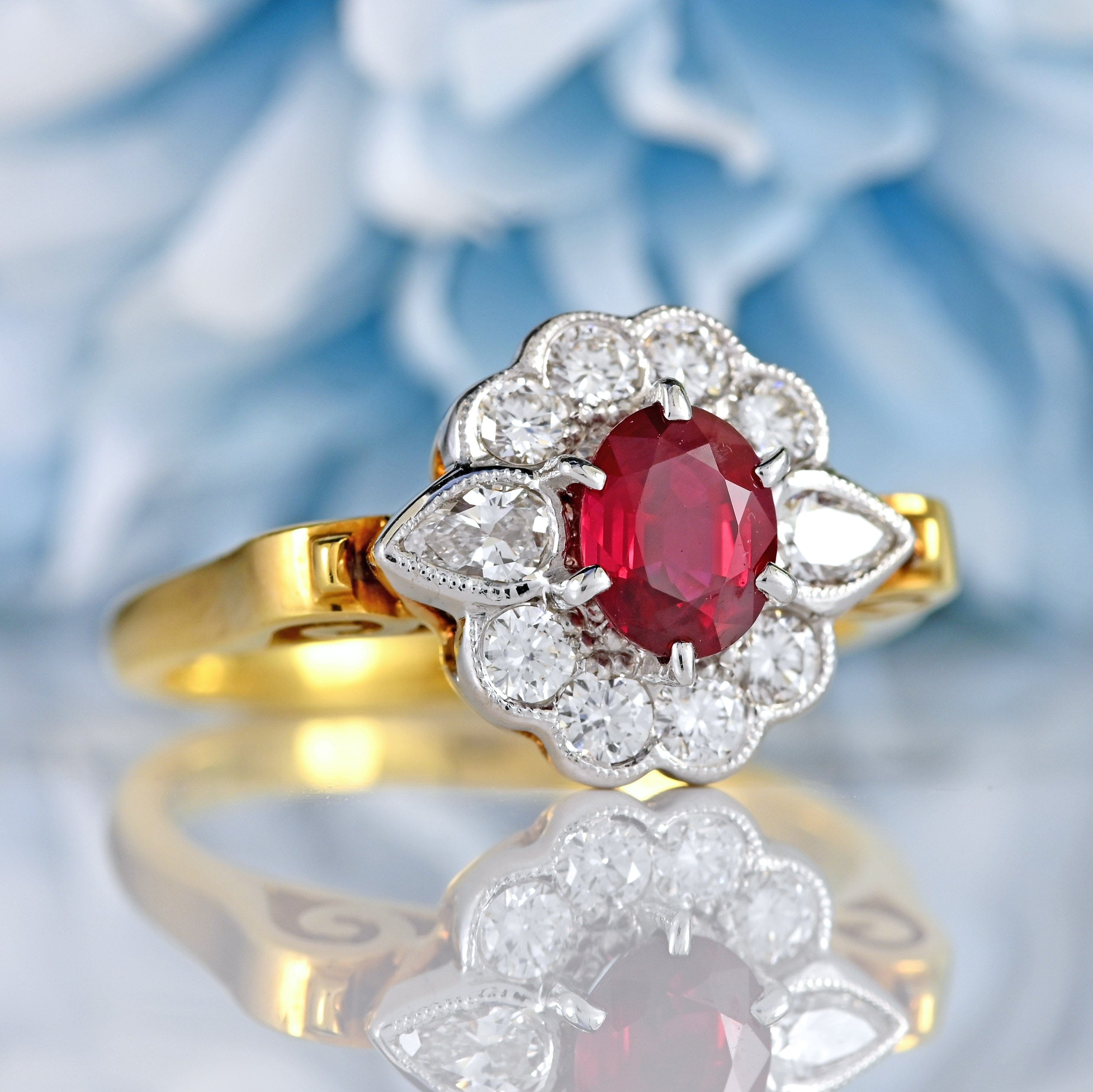 Ellibelle Jewellery Vintage Millennium Ruby & Vari-Cut Diamond 18ct Gold Cluster Ring