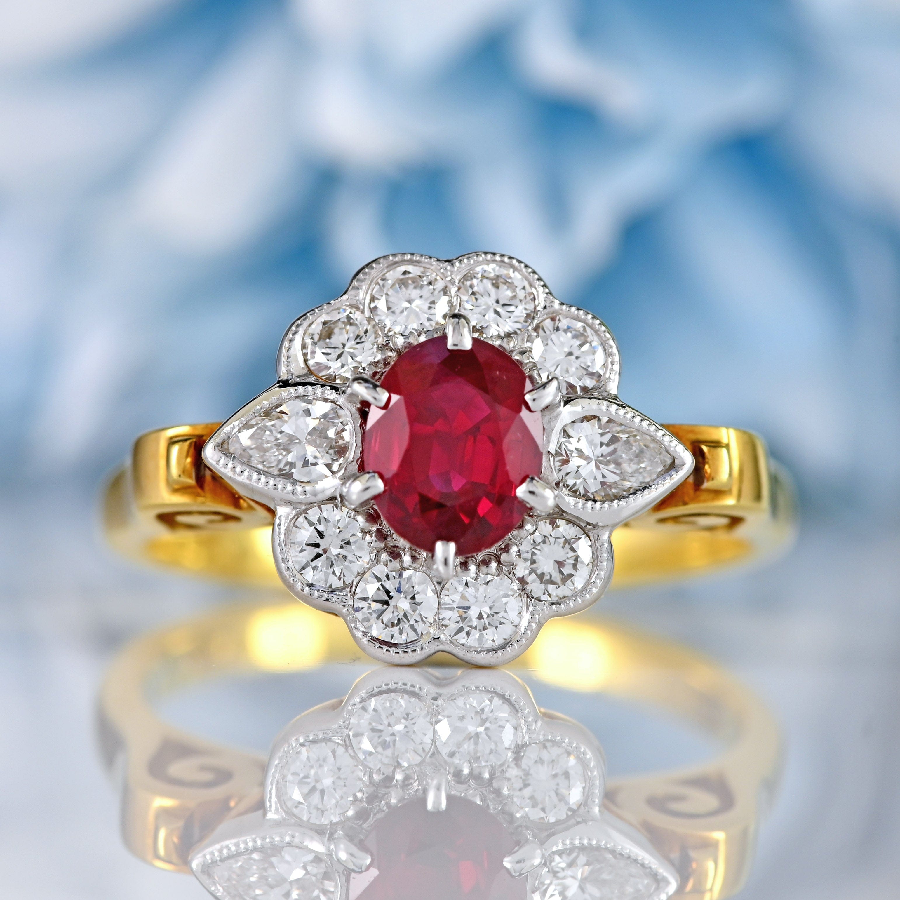 Ellibelle Jewellery Vintage Millennium Ruby & Vari-Cut Diamond 18ct Gold Cluster Ring