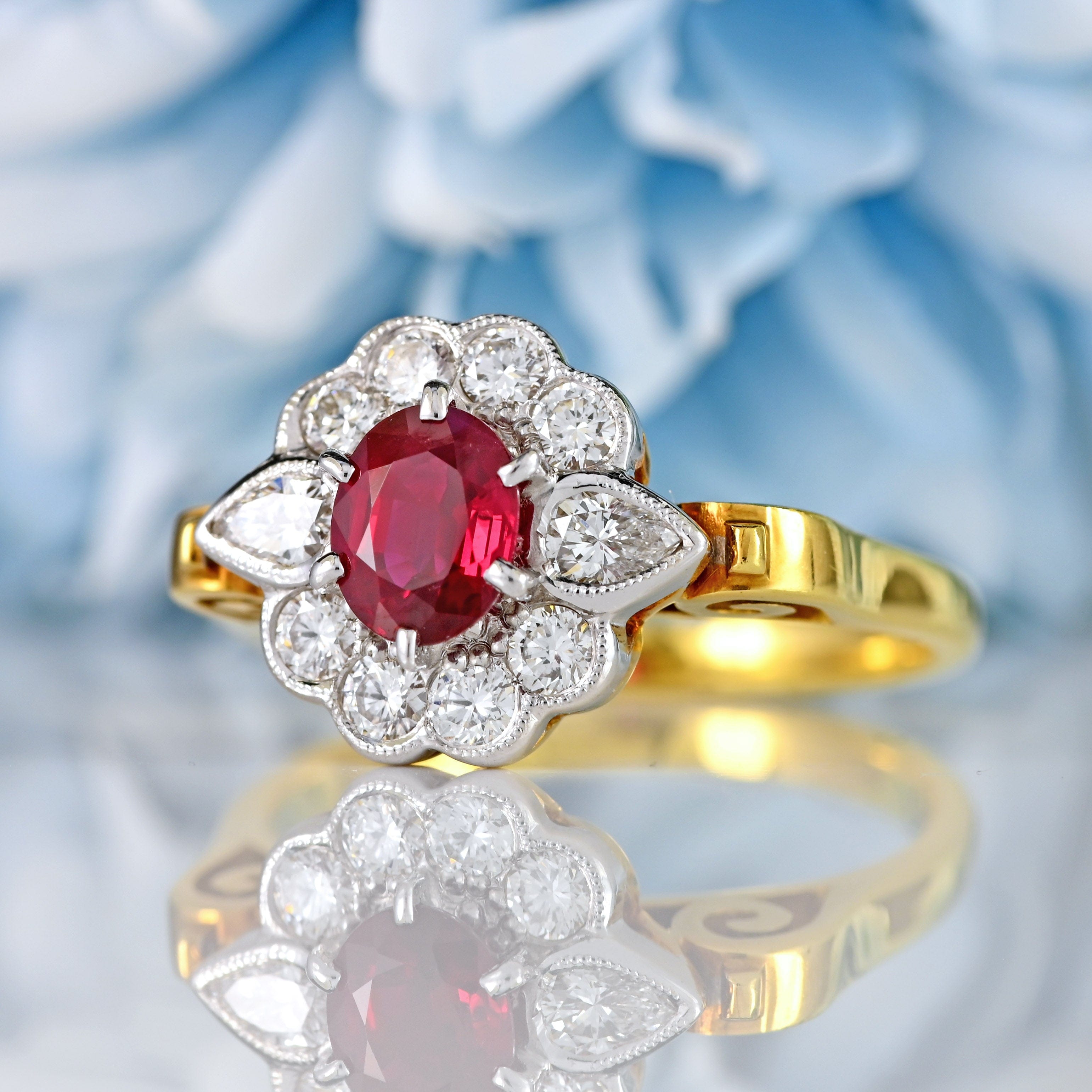Ellibelle Jewellery Vintage Millennium Ruby & Vari-Cut Diamond 18ct Gold Cluster Ring