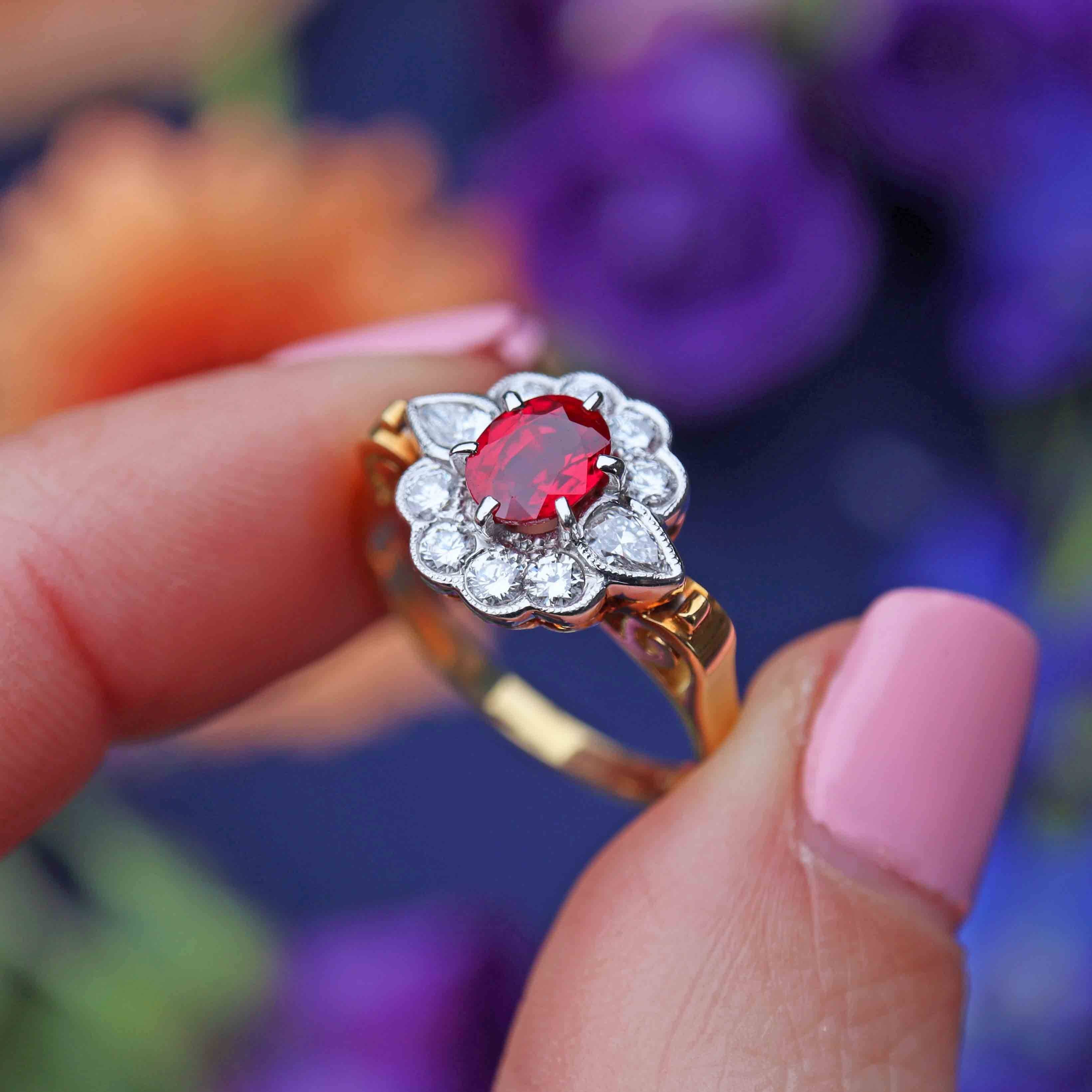 Ellibelle Jewellery Vintage Millennium Ruby & Vari-Cut Diamond 18ct Gold Cluster Ring