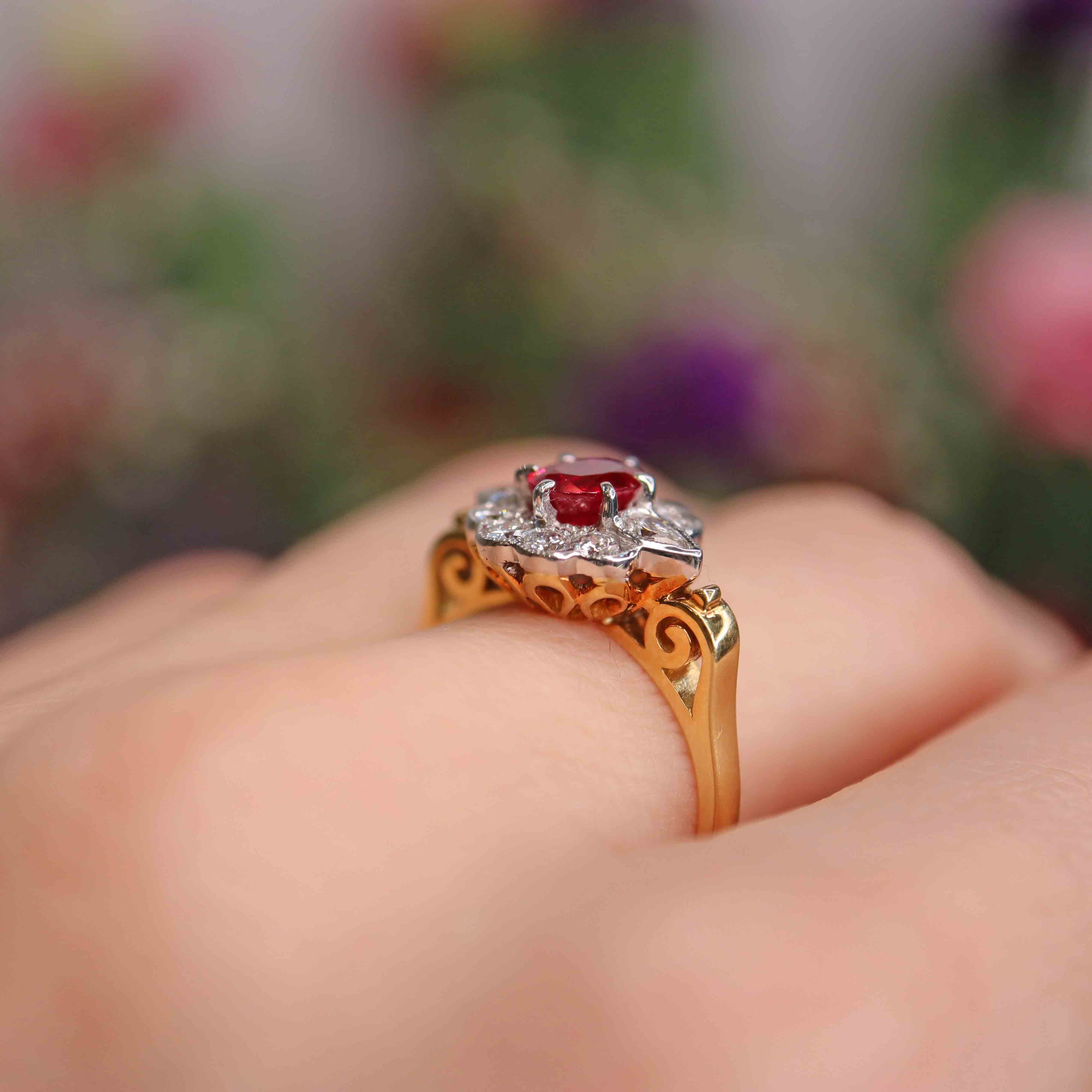 Ellibelle Jewellery Vintage Millennium Ruby & Vari-Cut Diamond 18ct Gold Cluster Ring