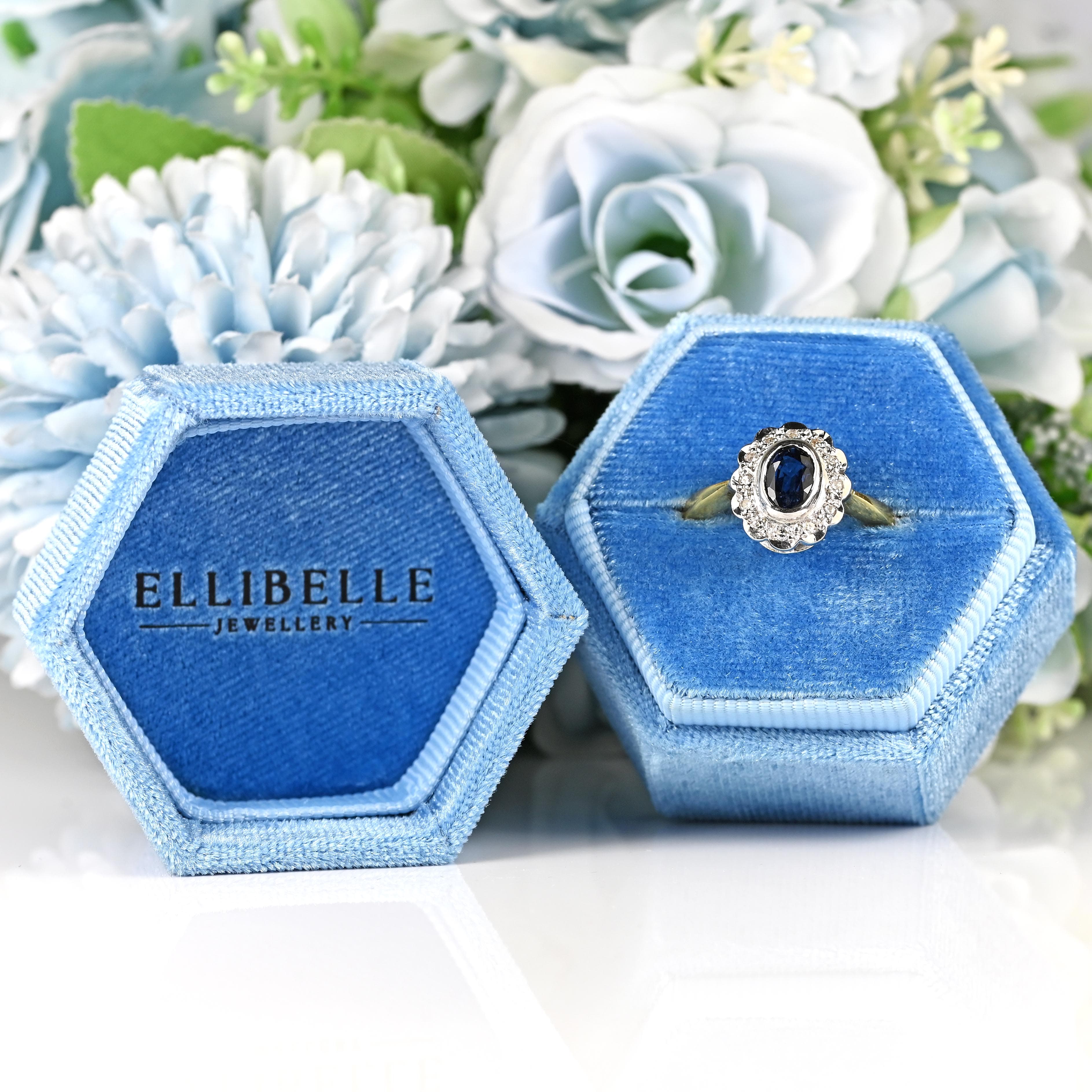 Ellibelle Jewellery Vintage Millennium Sapphire & Diamond 18ct Gold Cluster Engagement Ring