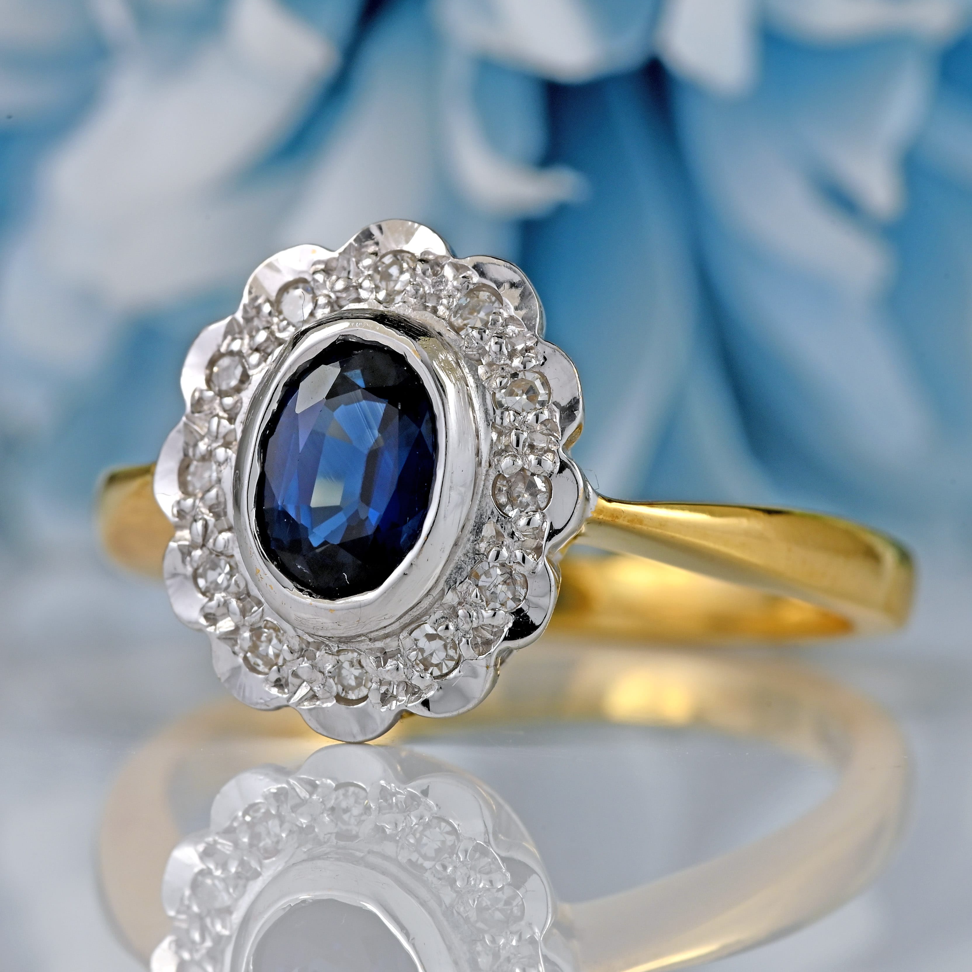 Ellibelle Jewellery Vintage Millennium Sapphire & Diamond 18ct Gold Cluster Engagement Ring