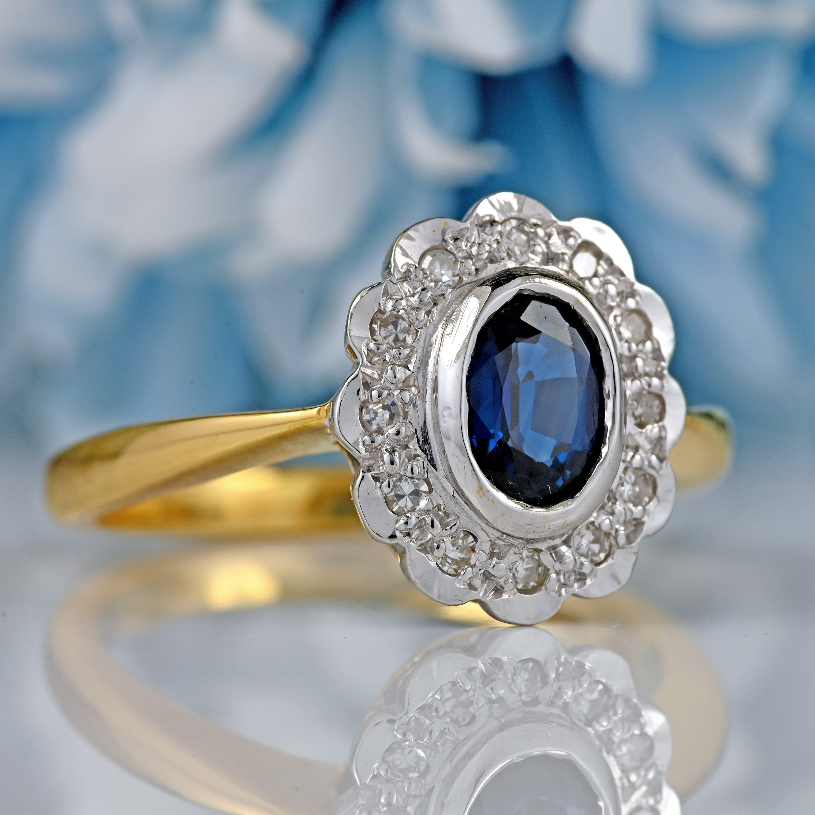 Ellibelle Jewellery Vintage Millennium Sapphire & Diamond 18ct Gold Cluster Engagement Ring