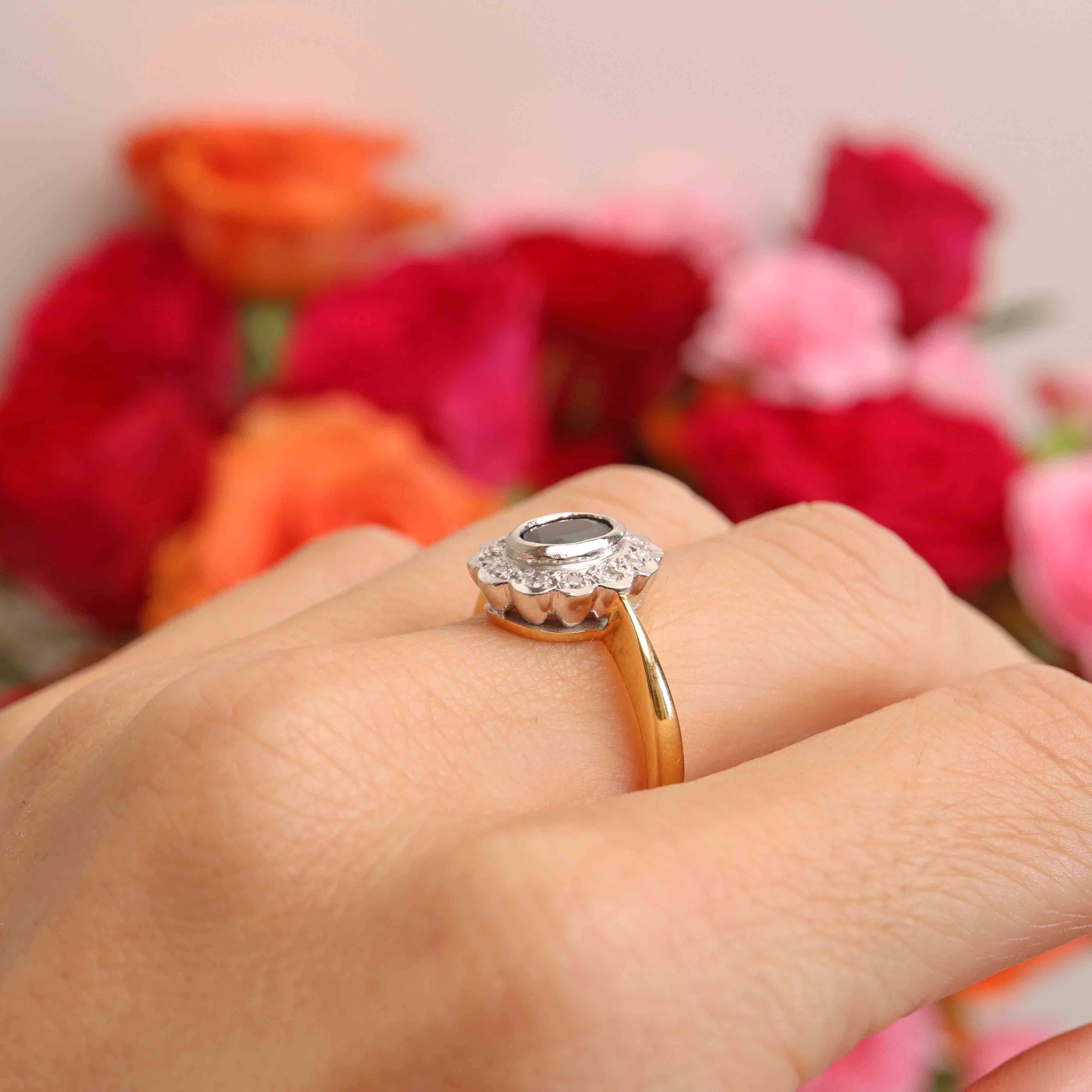 Ellibelle Jewellery Vintage Millennium Sapphire & Diamond 18ct Gold Cluster Engagement Ring