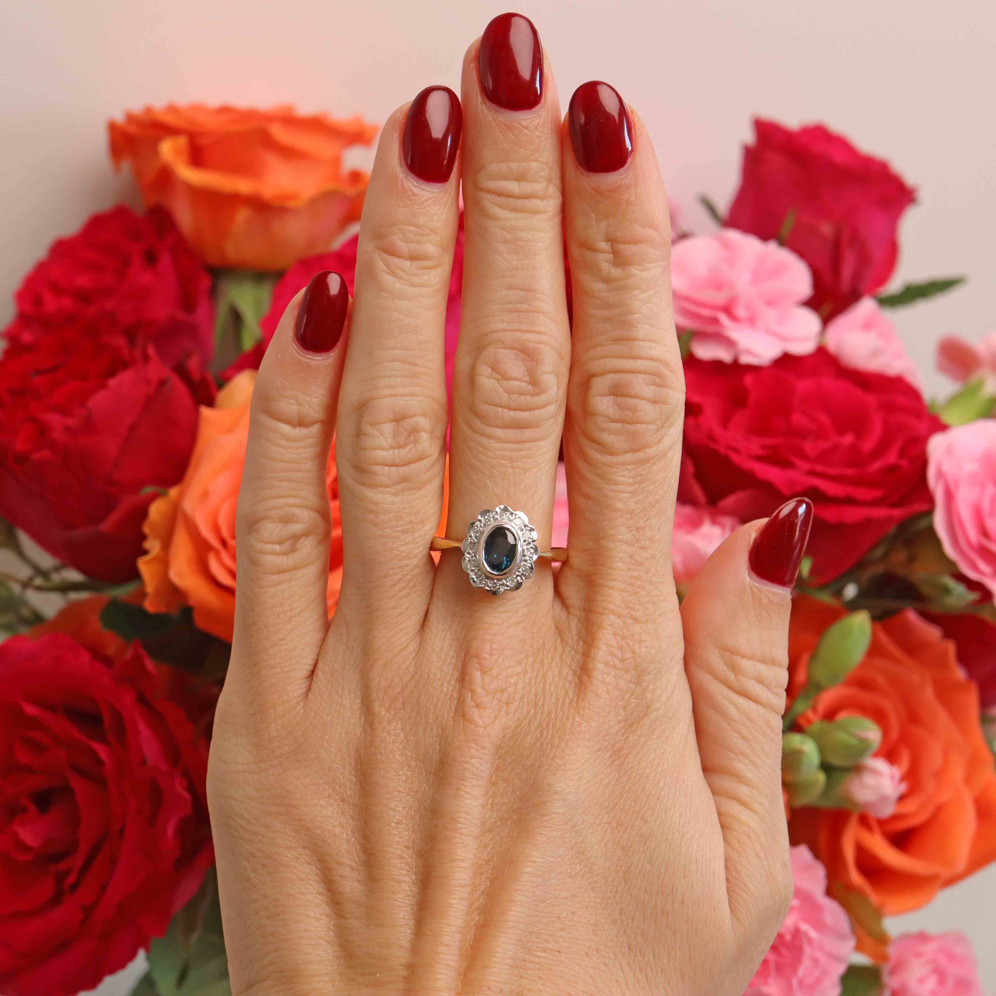 Ellibelle Jewellery Vintage Millennium Sapphire & Diamond 18ct Gold Cluster Engagement Ring