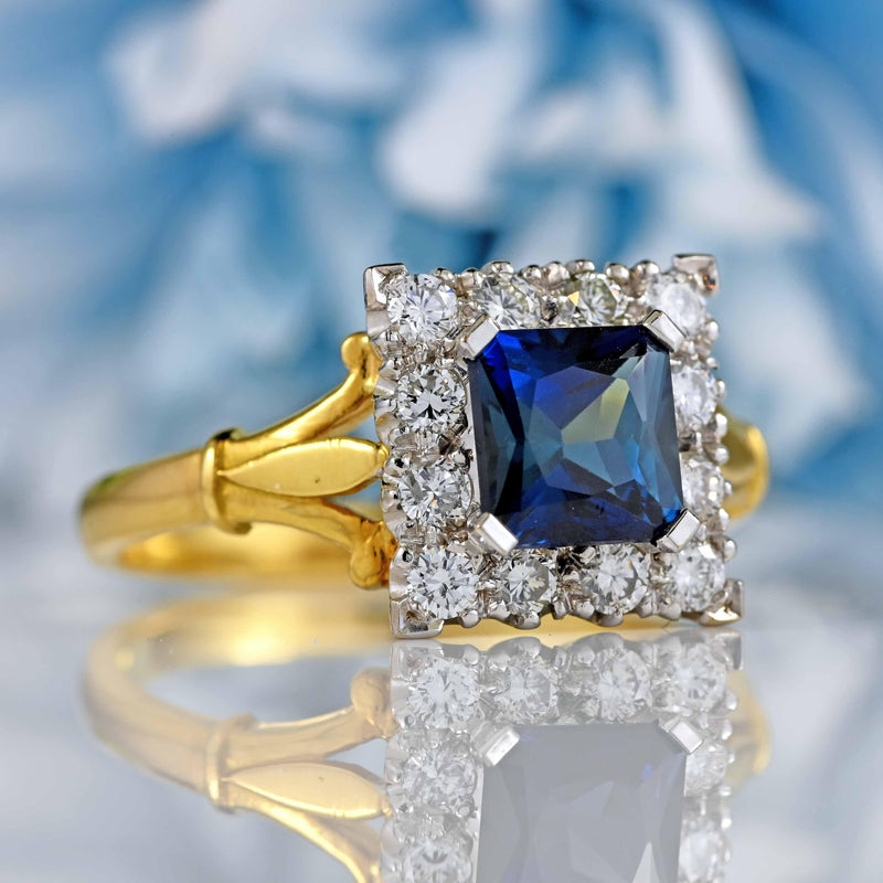 Ellibelle Jewellery Vintage Millennium Teal Sapphire & Diamond 18ct Gold Cluster Ring