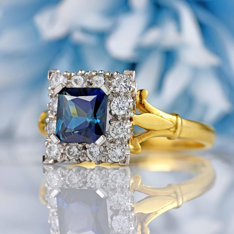 Ellibelle Jewellery Vintage Millennium Teal Sapphire & Diamond 18ct Gold Cluster Ring