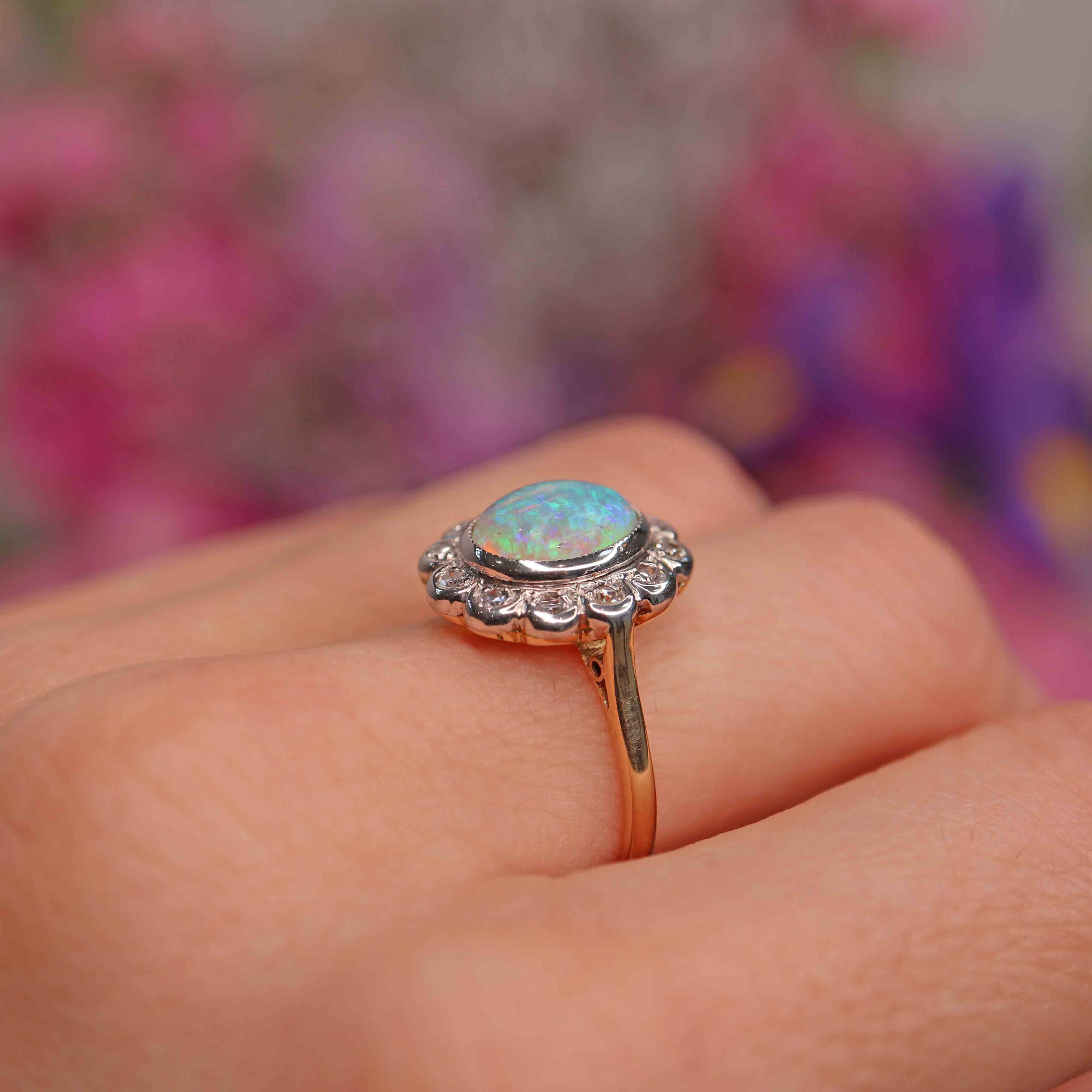 Ellibelle Jewellery Vintage Natural Australian Opal 18ct Gold & Platinum Cluster Ring