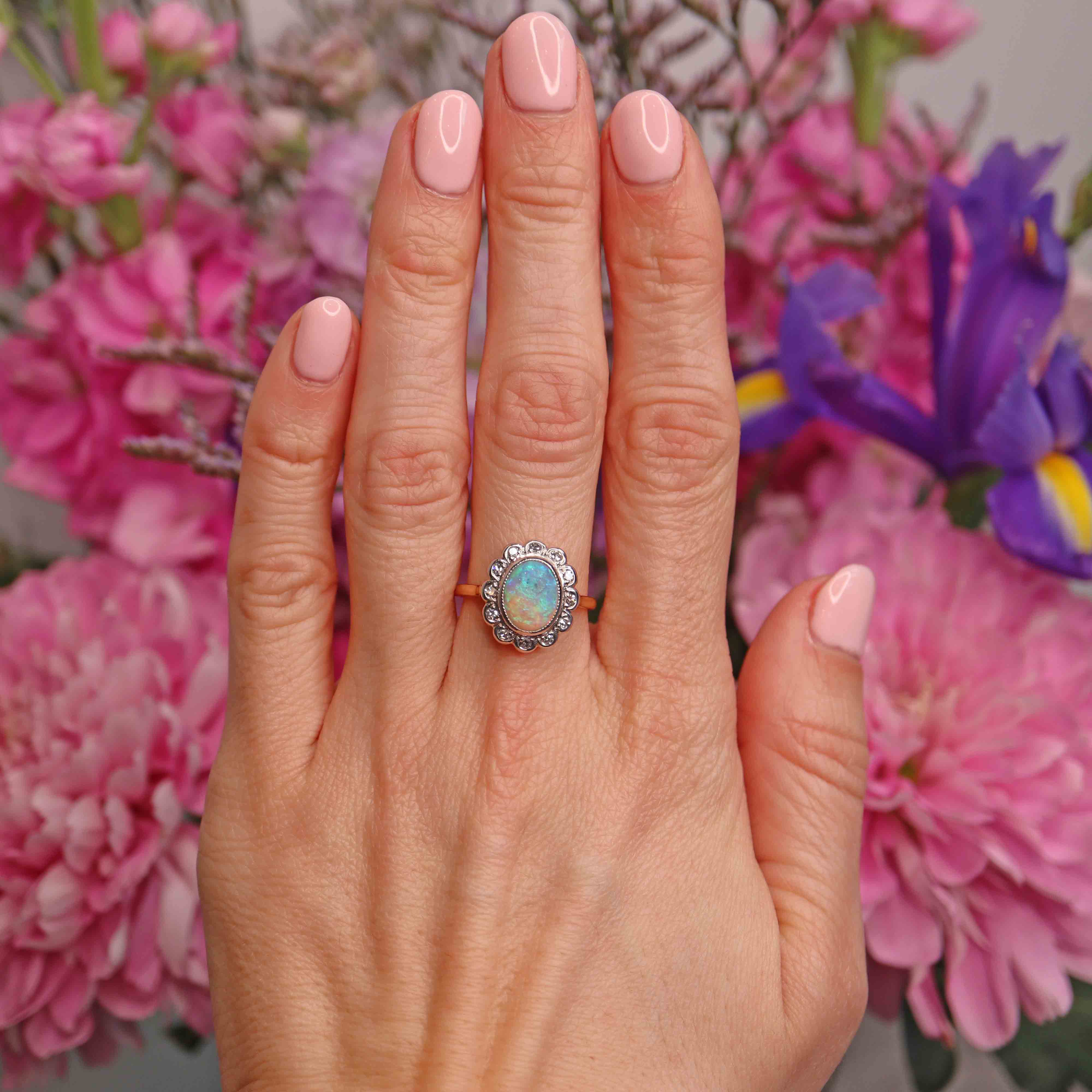 Ellibelle Jewellery Vintage Natural Australian Opal 18ct Gold & Platinum Cluster Ring