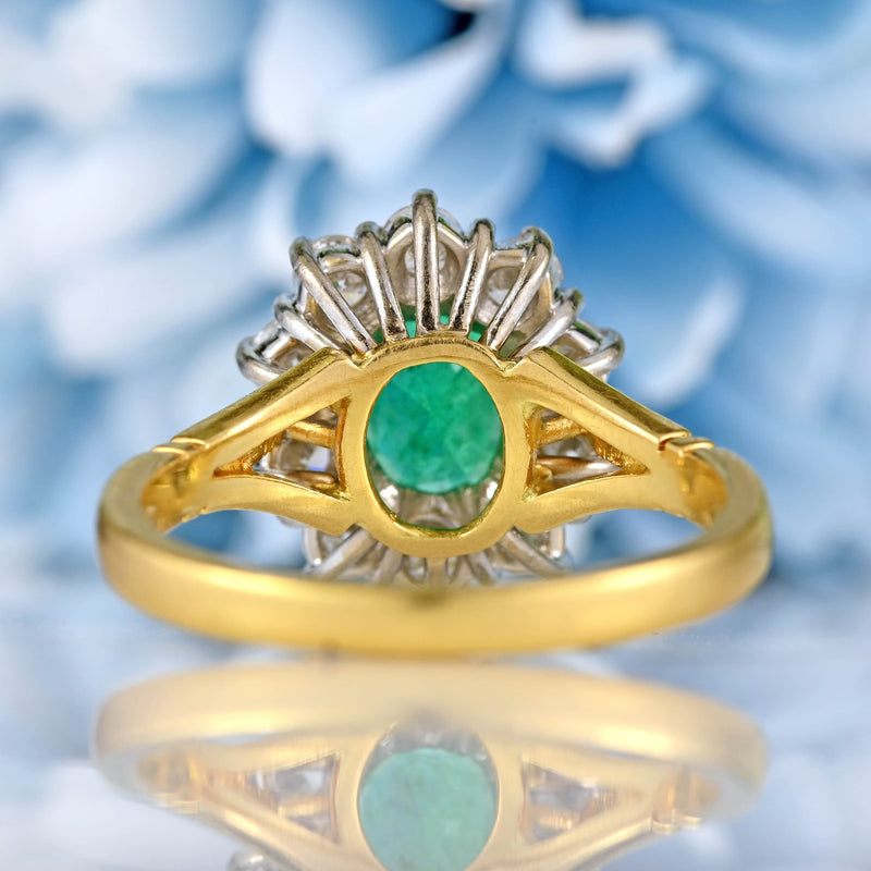 Ellibelle Jewellery Vintage Natural Emerald & Diamond 18ct Gold Cluster Engagement Ring (1.10cts)