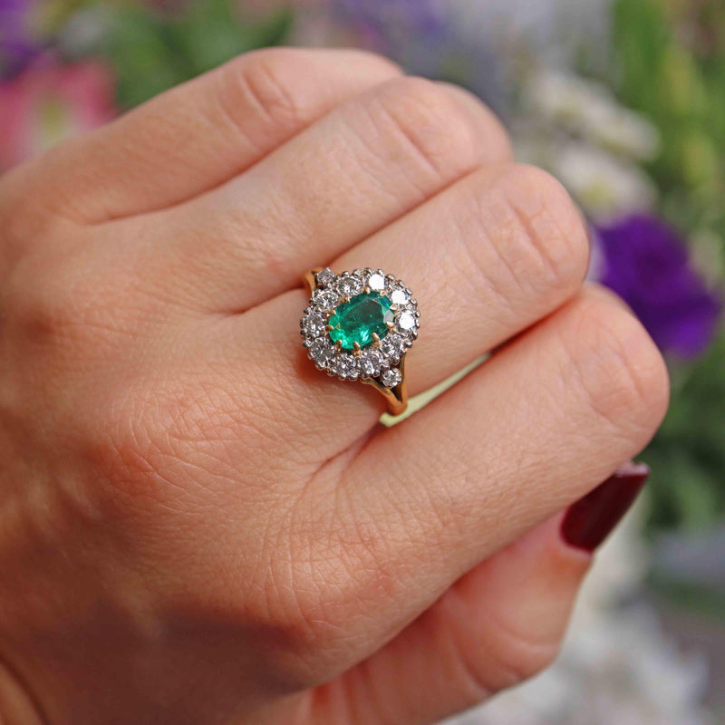 Ellibelle Jewellery Vintage Natural Emerald & Diamond 18ct Gold Cluster Ring