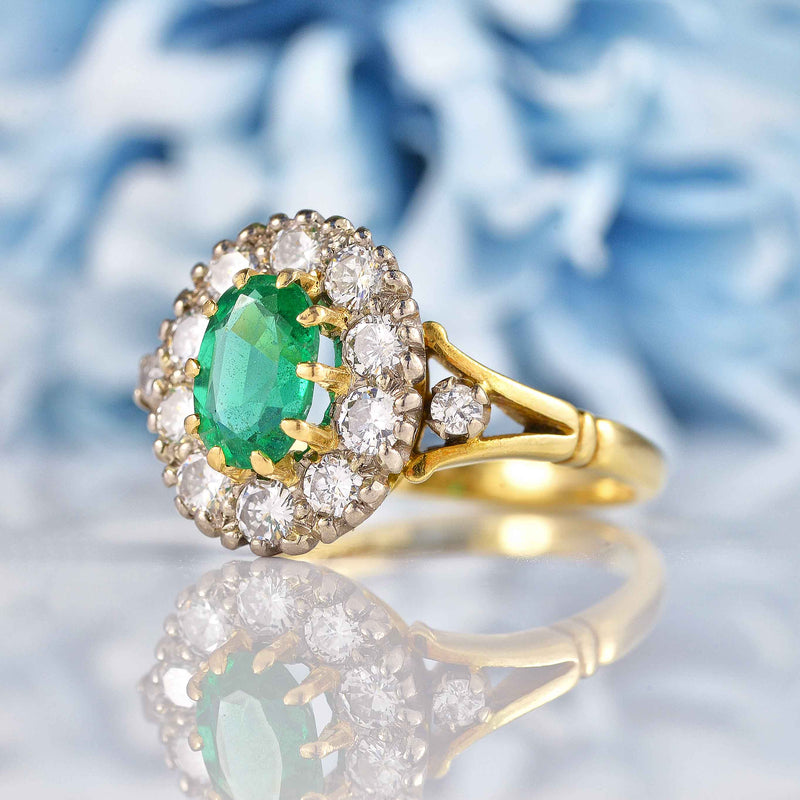 Ellibelle Jewellery Vintage Natural Emerald & Diamond 18ct Gold Cluster Ring