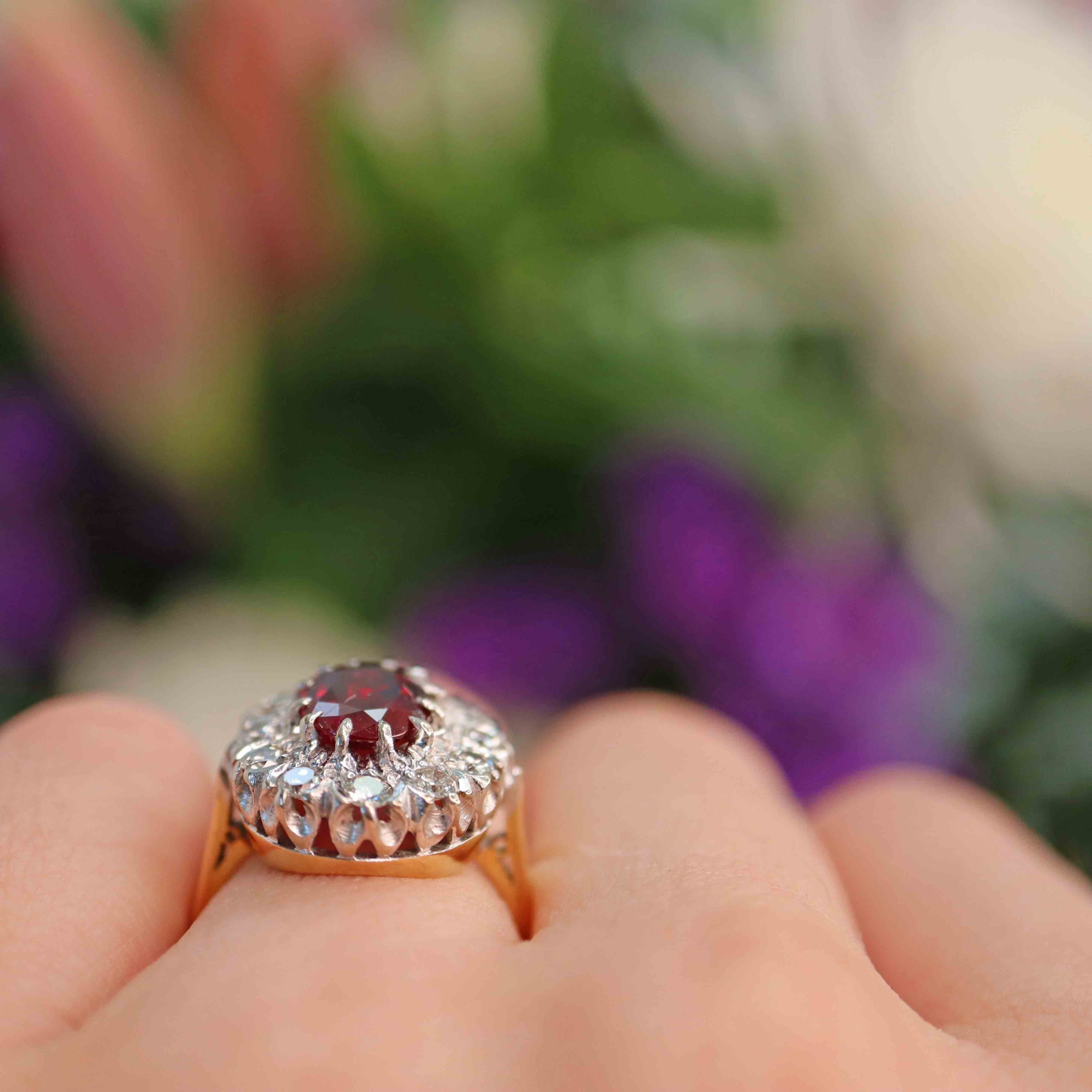 Ellibelle Jewellery Vintage Natural Ruby & Diamond 18ct Gold Cluster Ring