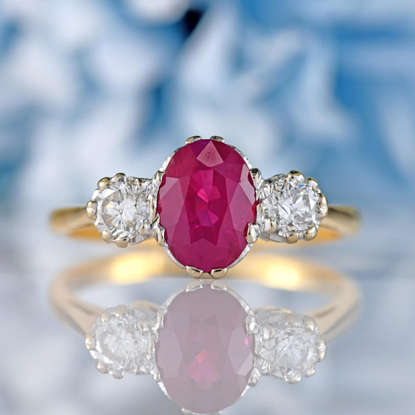 Ellibelle Jewellery Vintage Natural Ruby & Diamond 18ct Gold Three-Stone Engagement Ring (1.70cts)