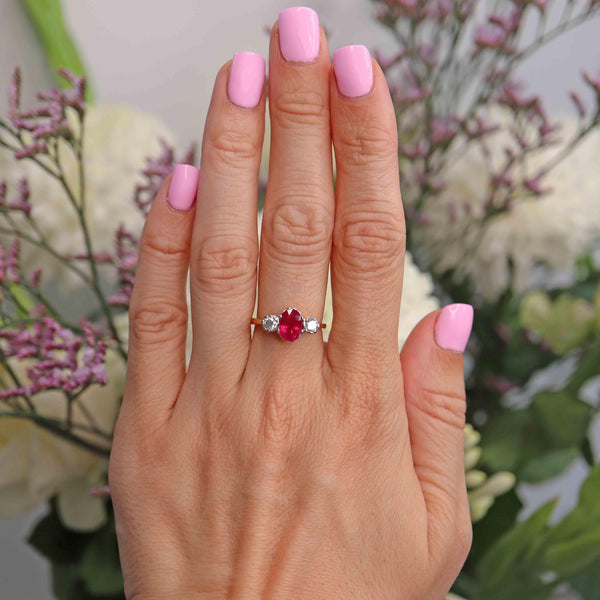 Ellibelle Jewellery Vintage Natural Ruby & Diamond 18ct Gold Three-Stone Engagement Ring (1.70cts)
