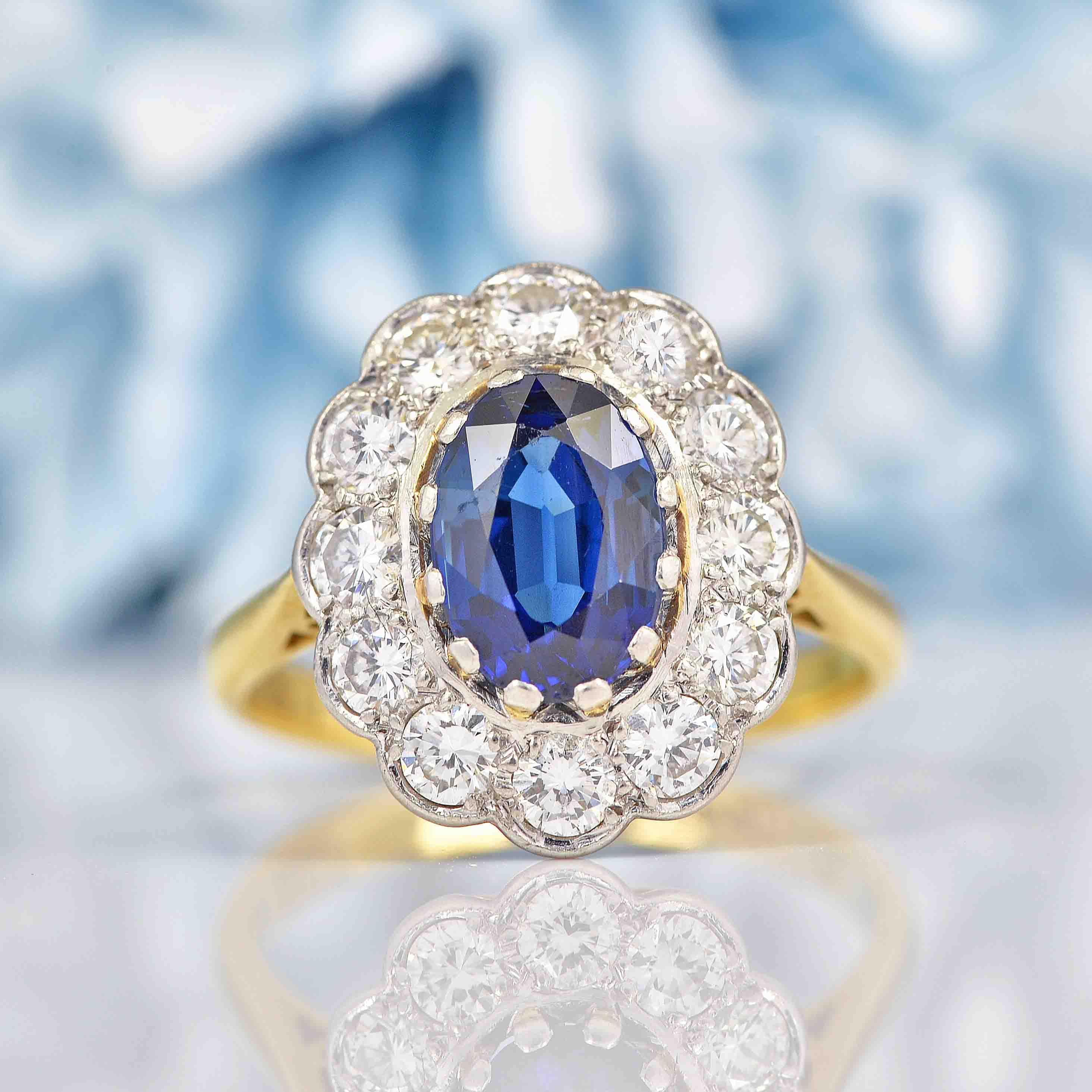 Ellibelle Jewellery Vintage Natural Sapphire & Diamond 18ct Gold Oval Cluster Ring