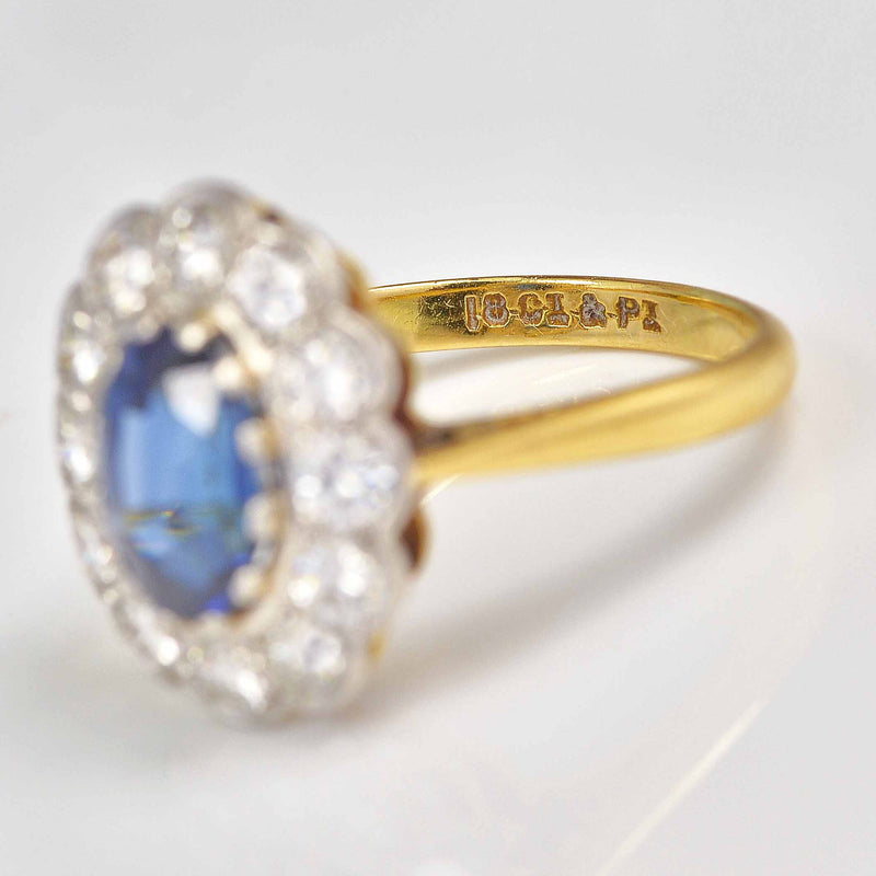 Ellibelle Jewellery Vintage Natural Sapphire & Diamond 18ct Gold Oval Cluster Ring
