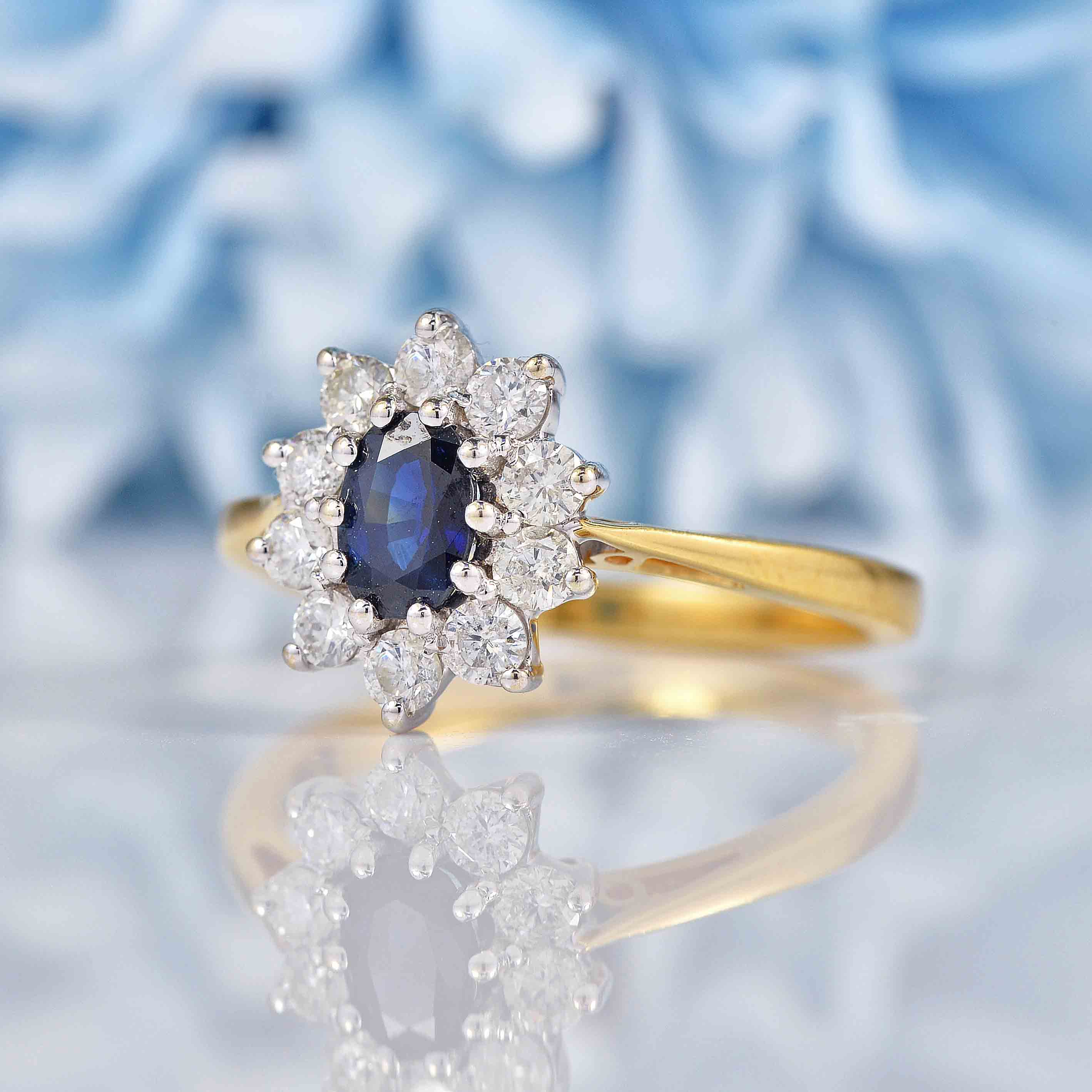 Ellibelle Jewellery Vintage Natural Sapphire & Diamond 18ct Gold Oval Cluster Ring