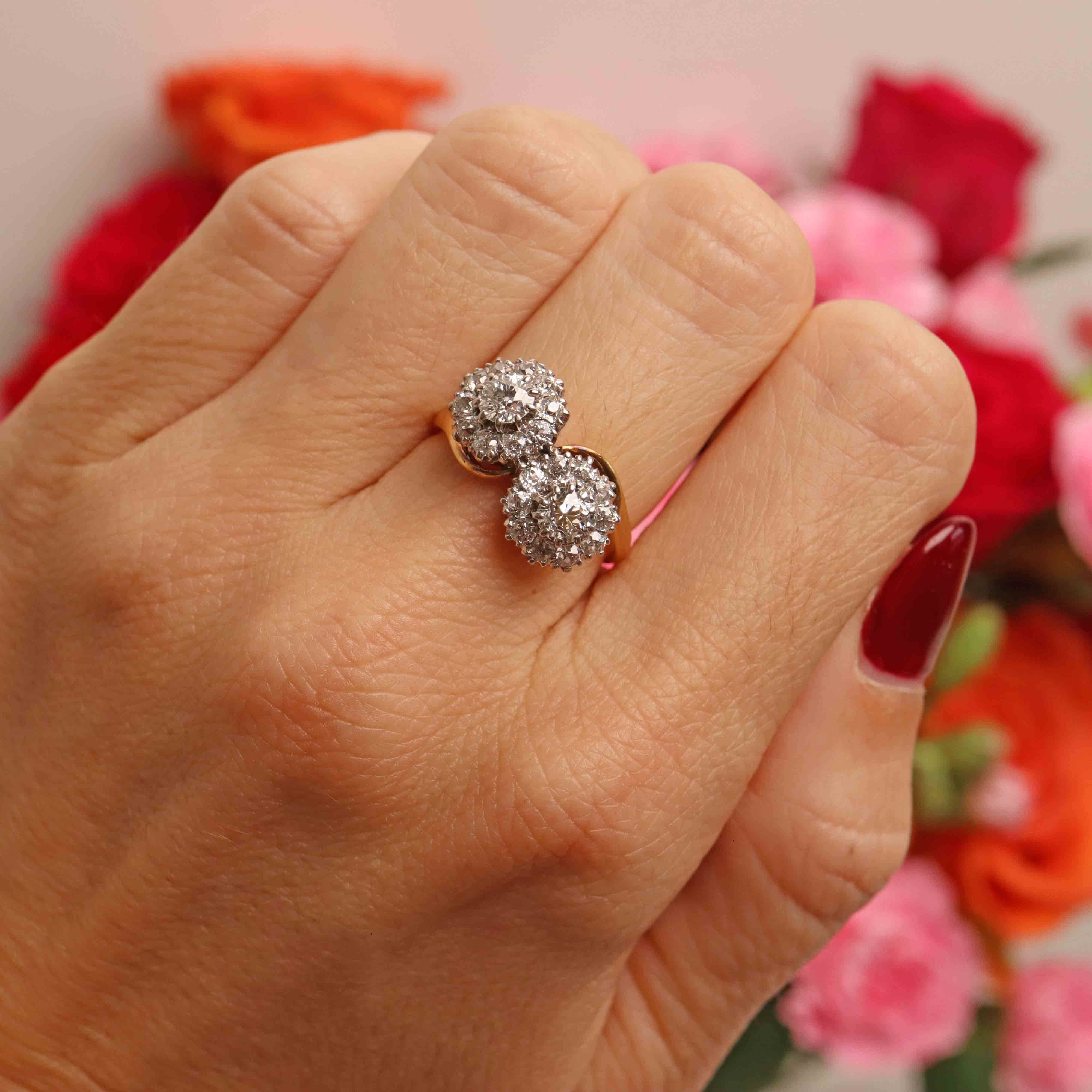 Ellibelle Jewellery Vintage Old-Cut Diamond 18ct Gold Double-Cluster Crossover Ring (1.35cts)