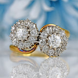 Ellibelle Jewellery Vintage Old-Cut Diamond 18ct Gold Double-Cluster Crossover Ring (1.35cts)