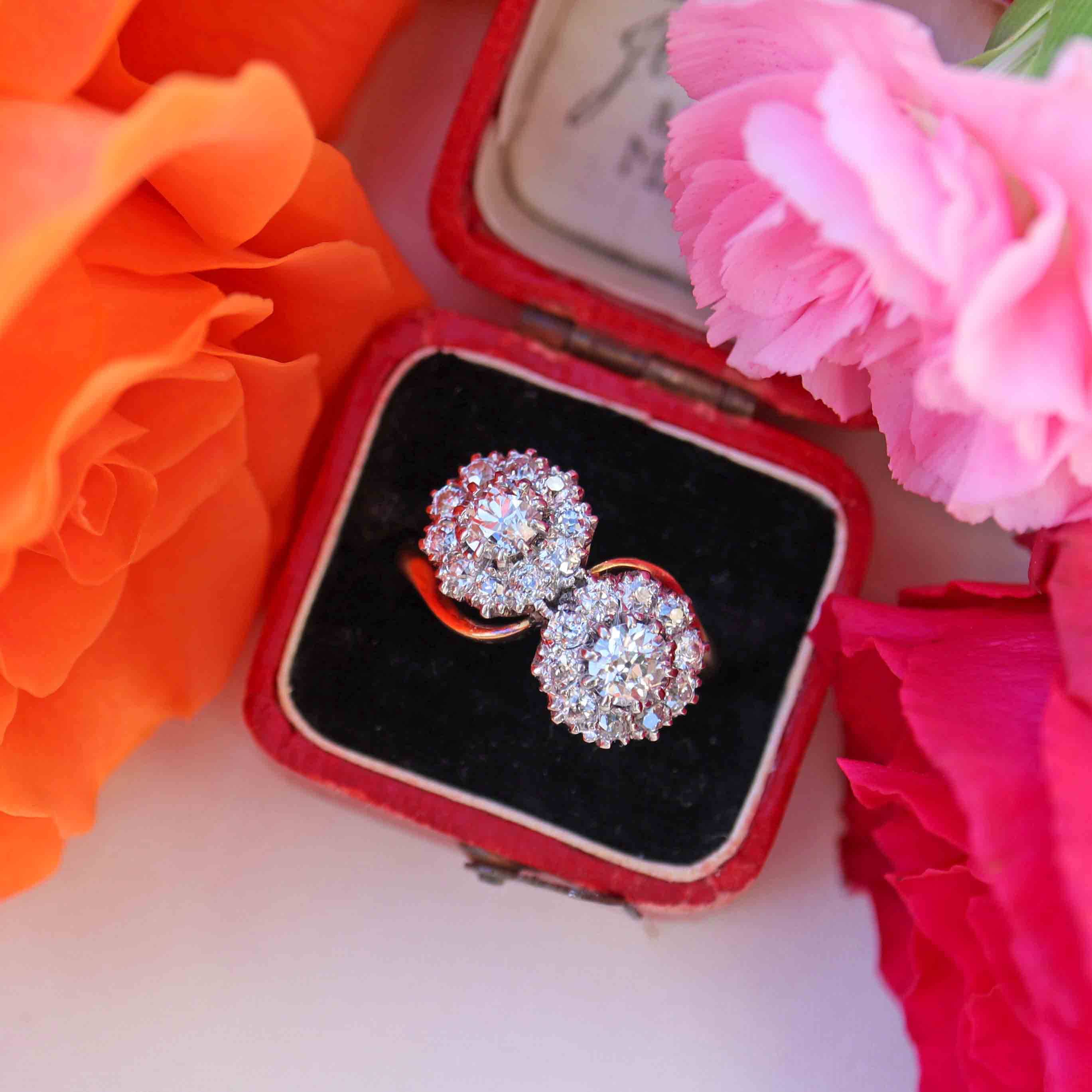 Ellibelle Jewellery Vintage Old-Cut Diamond 18ct Gold Double-Cluster Crossover Ring (1.35cts)