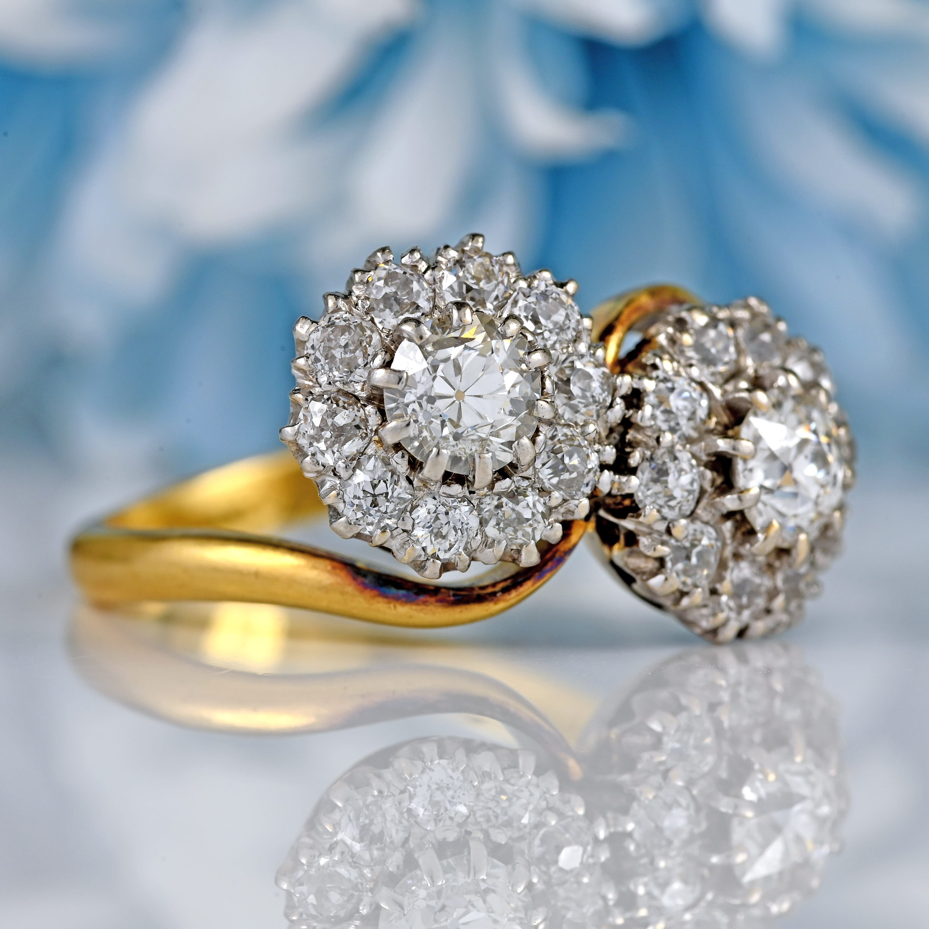 Ellibelle Jewellery Vintage Old-Cut Diamond 18ct Gold Double-Cluster Crossover Ring (1.35cts)