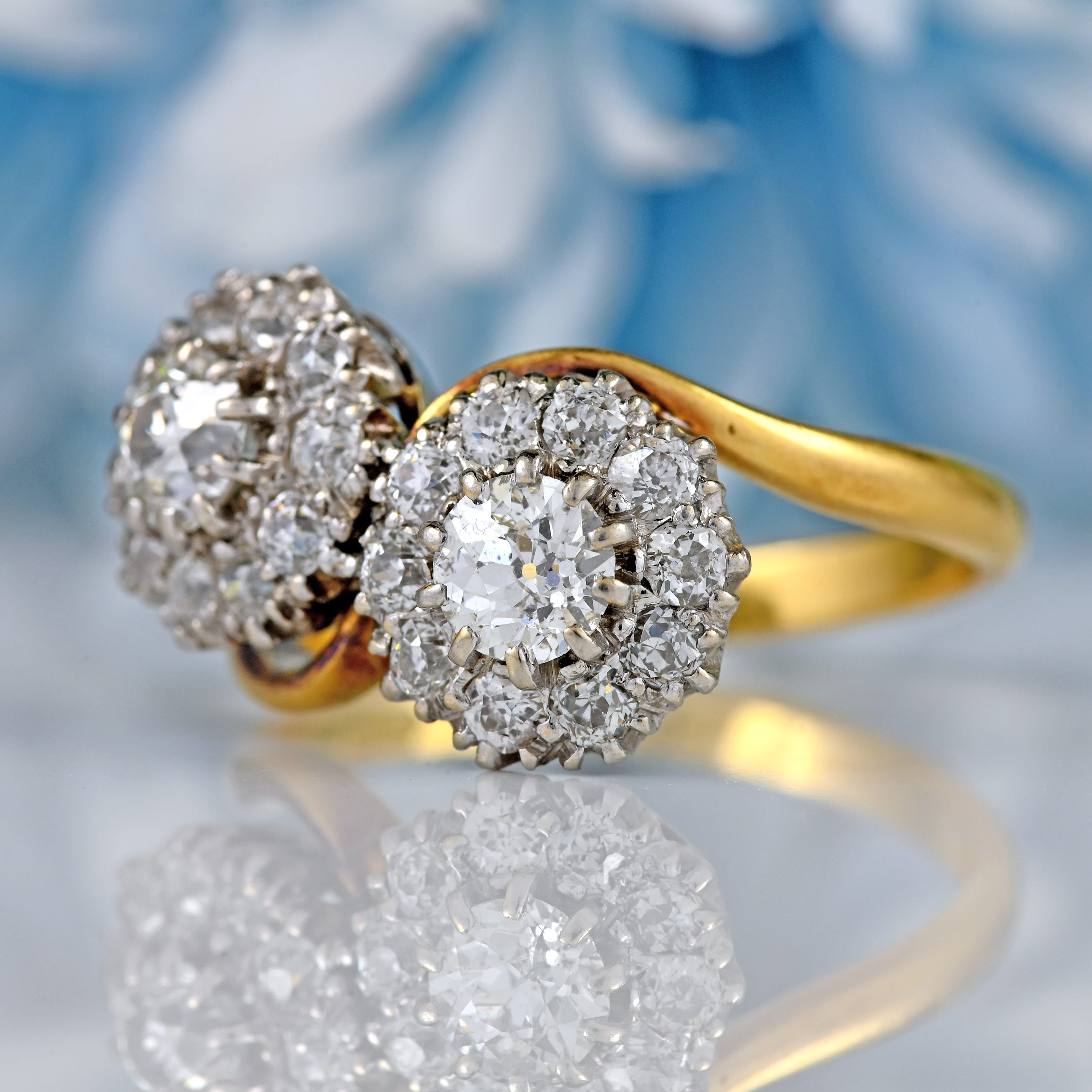 Ellibelle Jewellery Vintage Old-Cut Diamond 18ct Gold Double-Cluster Crossover Ring (1.35cts)