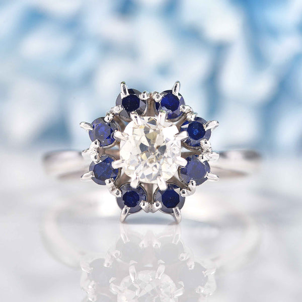 Ellibelle Jewellery Vintage Old-Cut Diamond & Sapphire White Gold Cluster Engagement Ring (0.90ct)