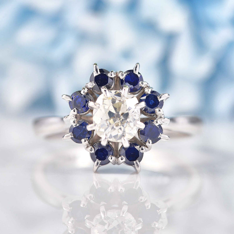 Ellibelle Jewellery Vintage Old-Cut Diamond & Sapphire White Gold Cluster Engagement Ring (0.90ct)