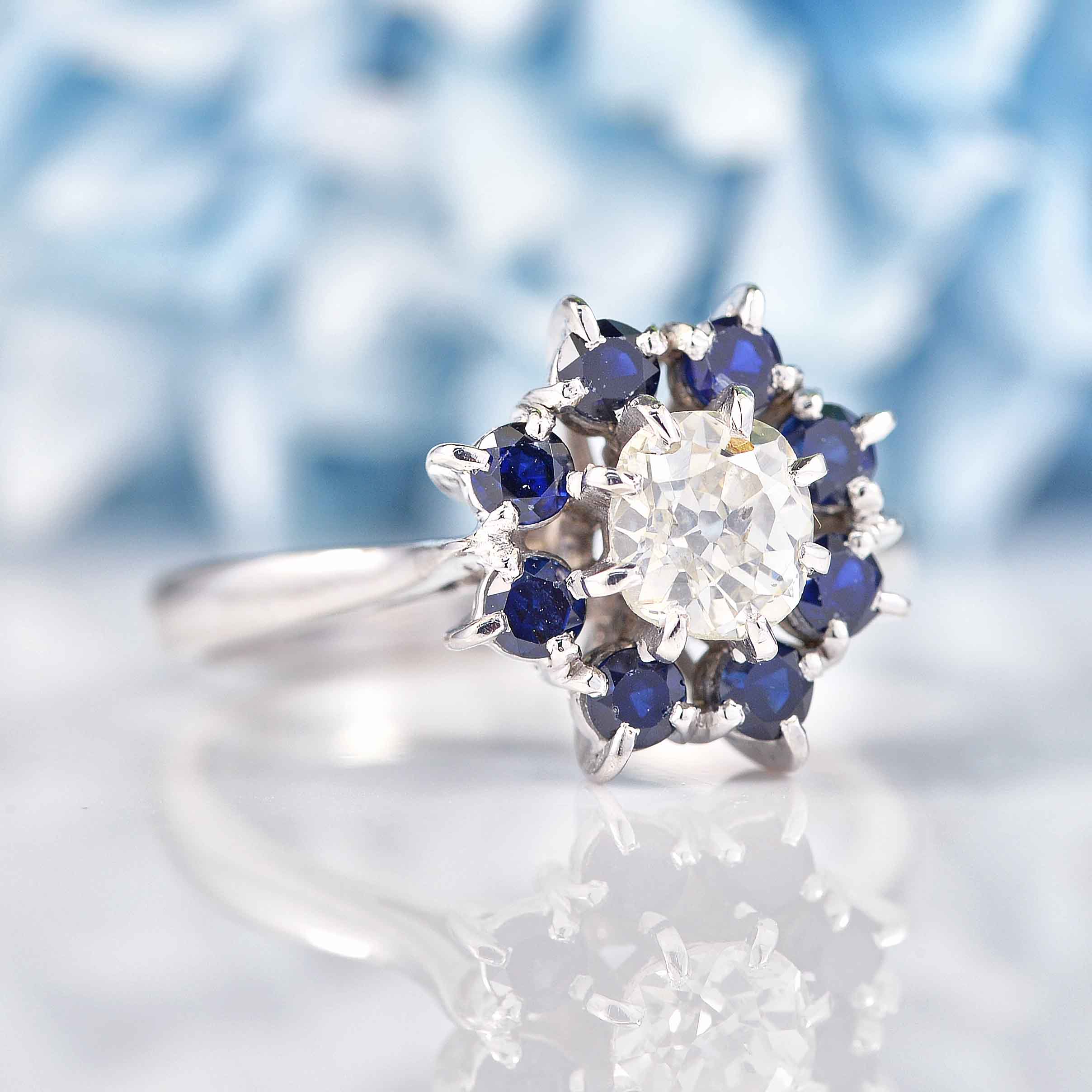 Ellibelle Jewellery Vintage Old-Cut Diamond & Sapphire White Gold Cluster Engagement Ring (0.90ct)