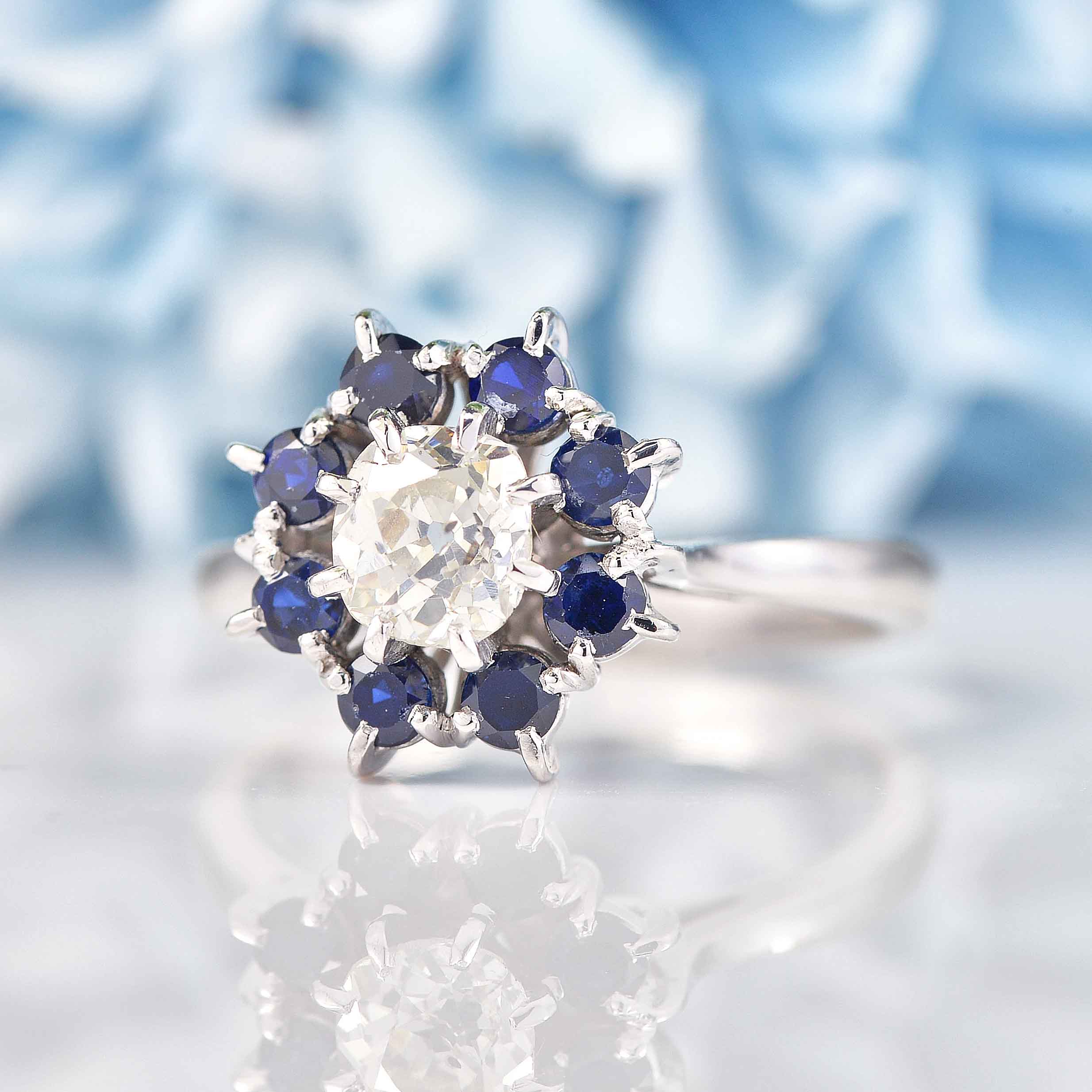 Ellibelle Jewellery Vintage Old-Cut Diamond & Sapphire White Gold Cluster Engagement Ring (0.90ct)