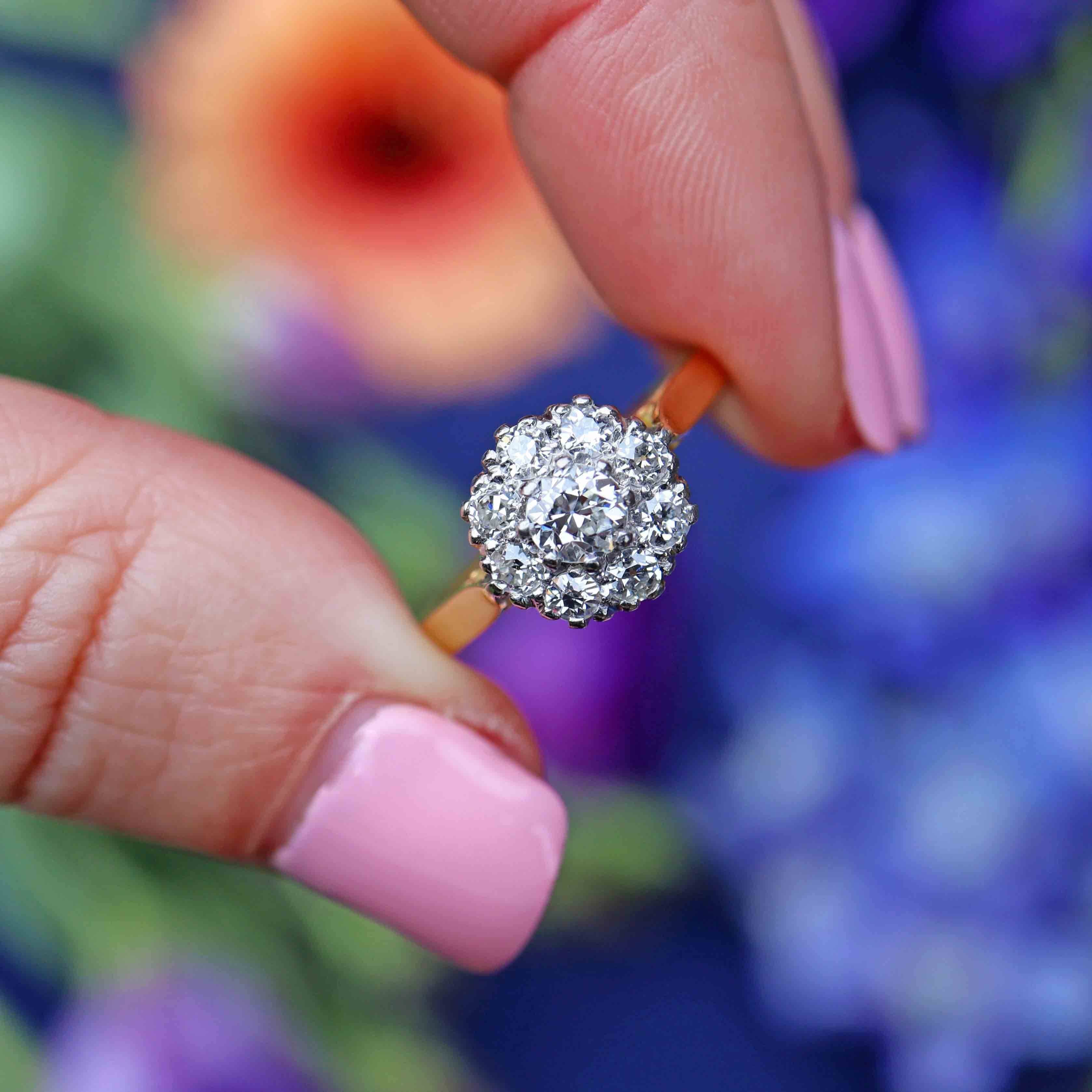 Ellibelle Jewellery Vintage Old-European-Cut Diamond 18ct Gold Platinum Cluster Ring (0.95cts)