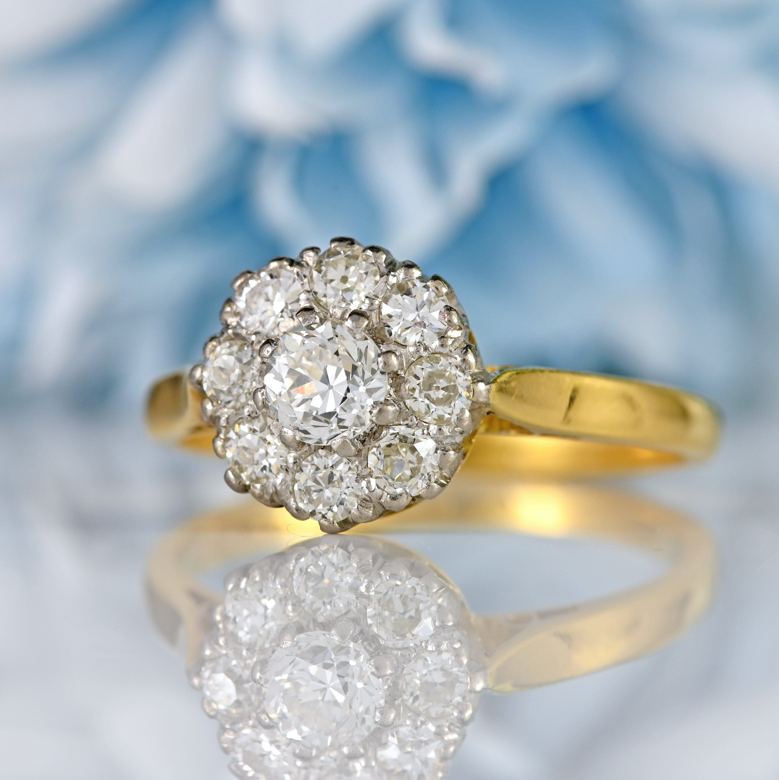 Ellibelle Jewellery Vintage Old-European-Cut Diamond 18ct Gold Platinum Cluster Ring (0.95cts)