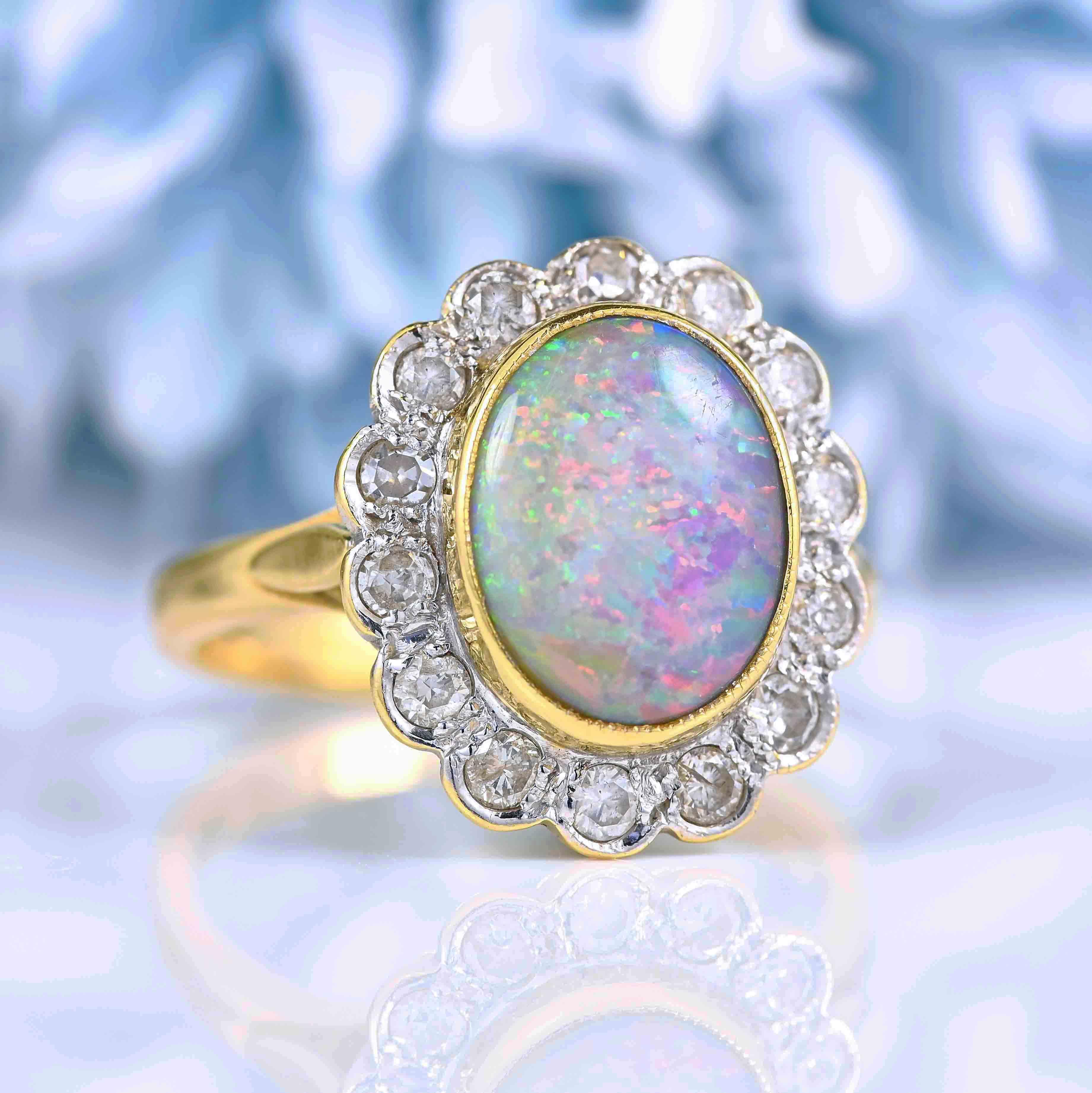 Ellibelle Jewellery Vintage Opal & Diamond 18ct Gold Cluster Engagement Ring (1.46ct)