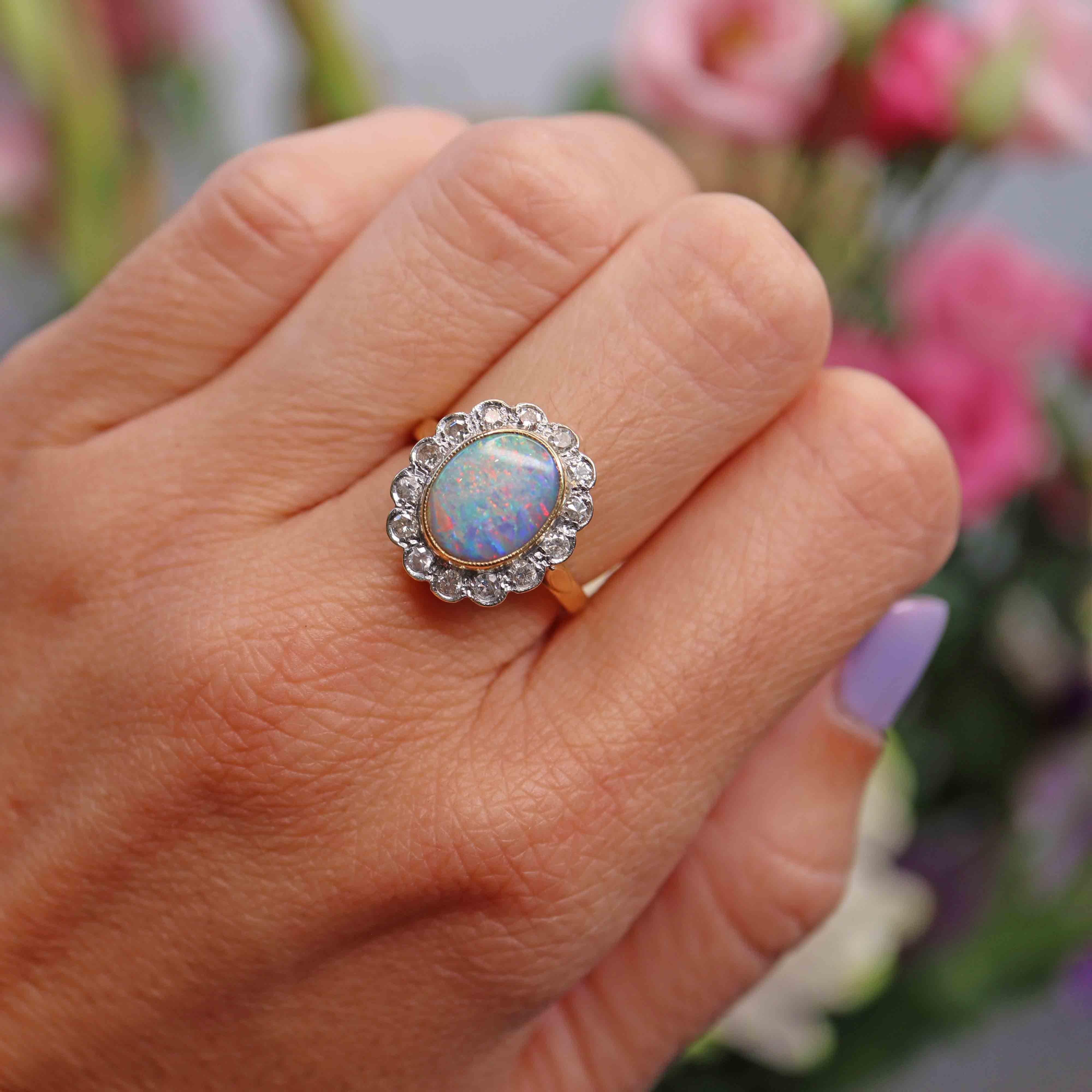 Ellibelle Jewellery Vintage Opal & Diamond 18ct Gold Cluster Engagement Ring (1.46ct)