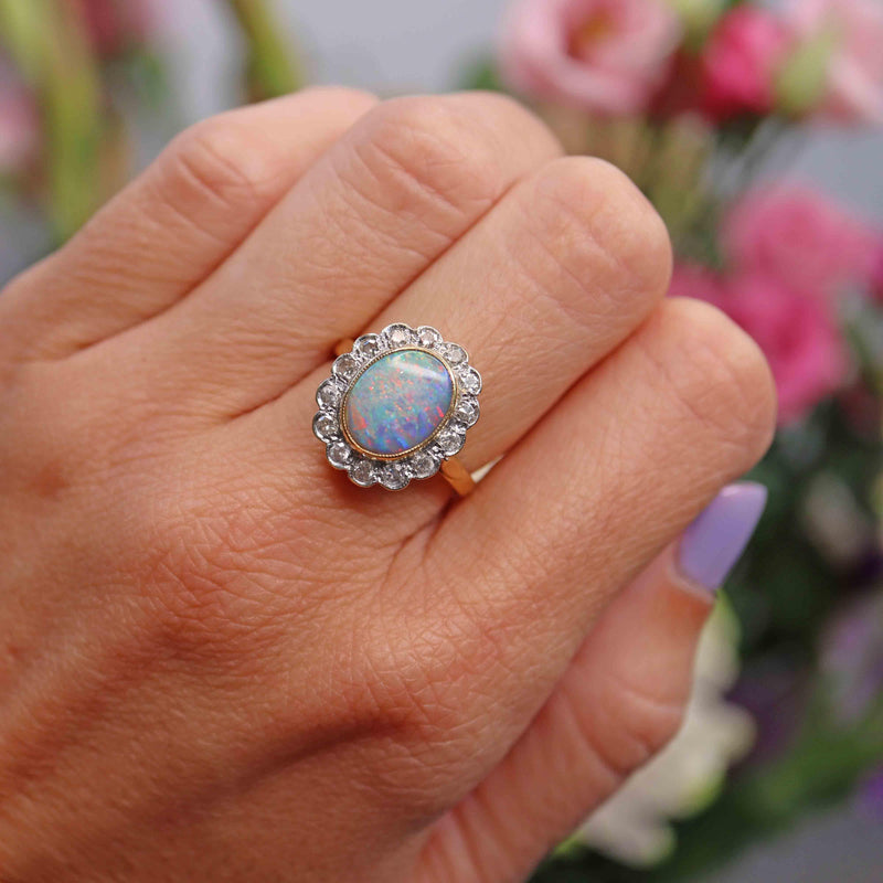 Ellibelle Jewellery Vintage Opal & Diamond 18ct Gold Cluster Engagement Ring (1.46ct)