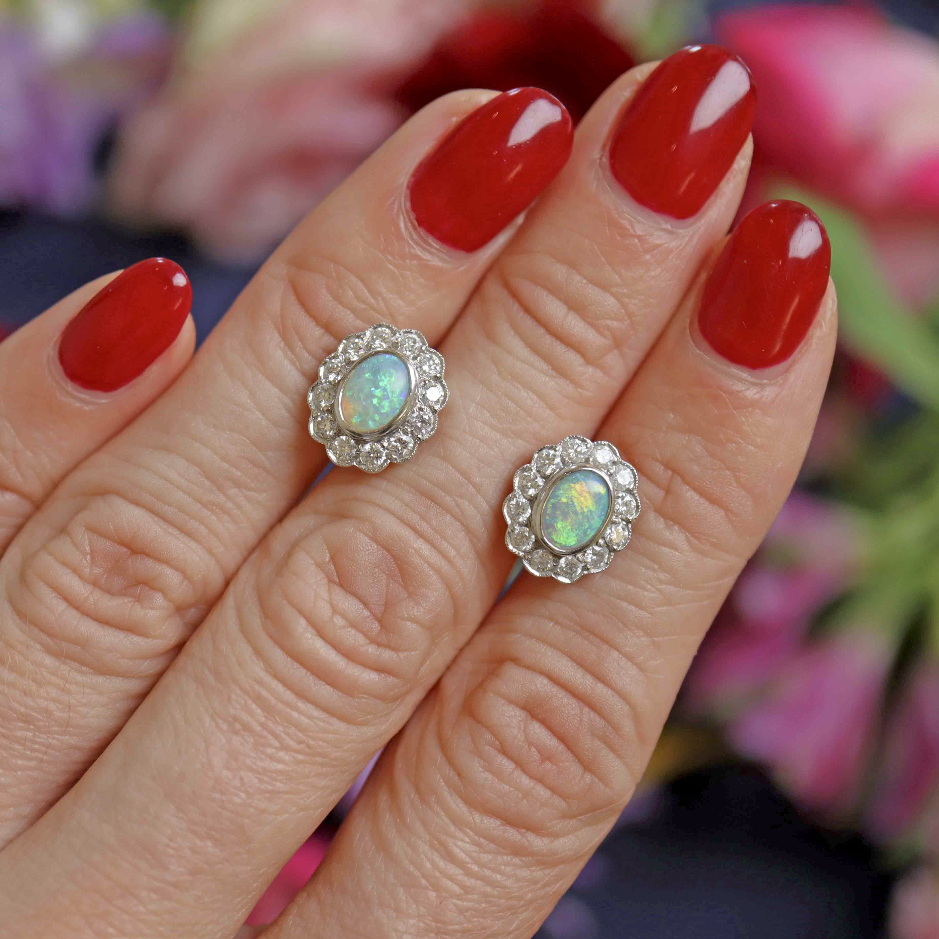 Ellibelle Jewellery Vintage Opal & Diamond 18ct Gold Cluster Stud Earrings