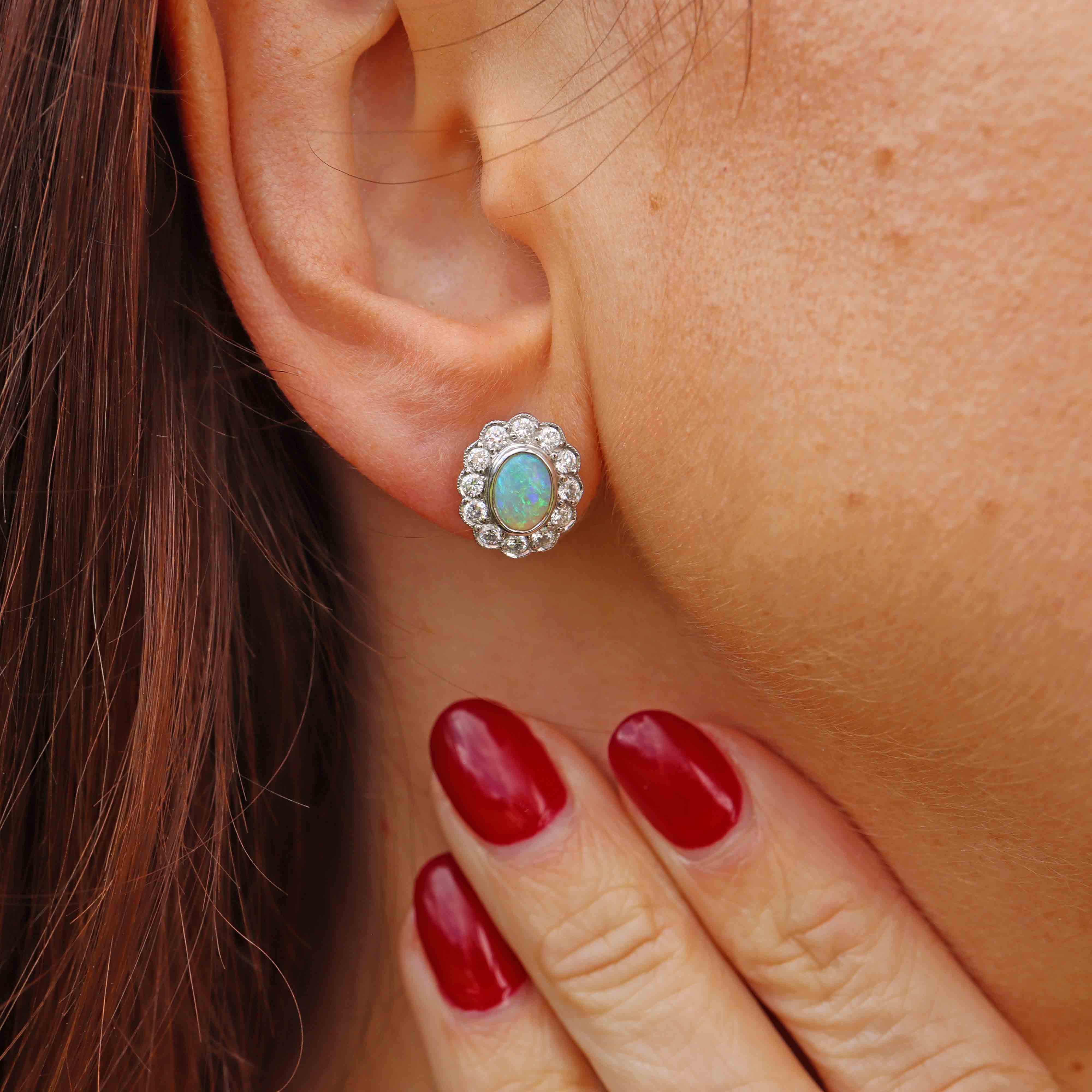 Ellibelle Jewellery Vintage Opal & Diamond 18ct Gold Cluster Stud Earrings