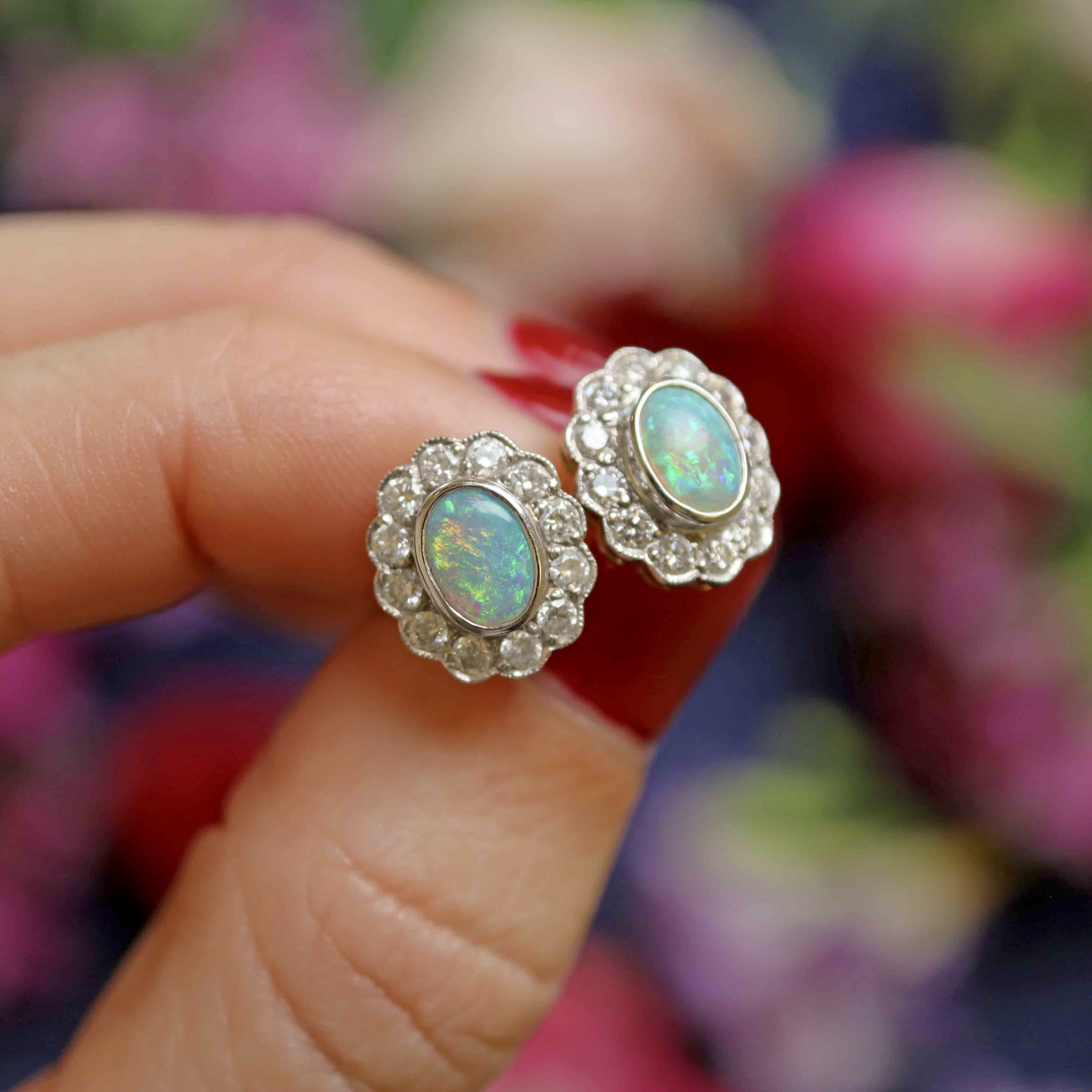 Ellibelle Jewellery Vintage Opal & Diamond 18ct Gold Cluster Stud Earrings