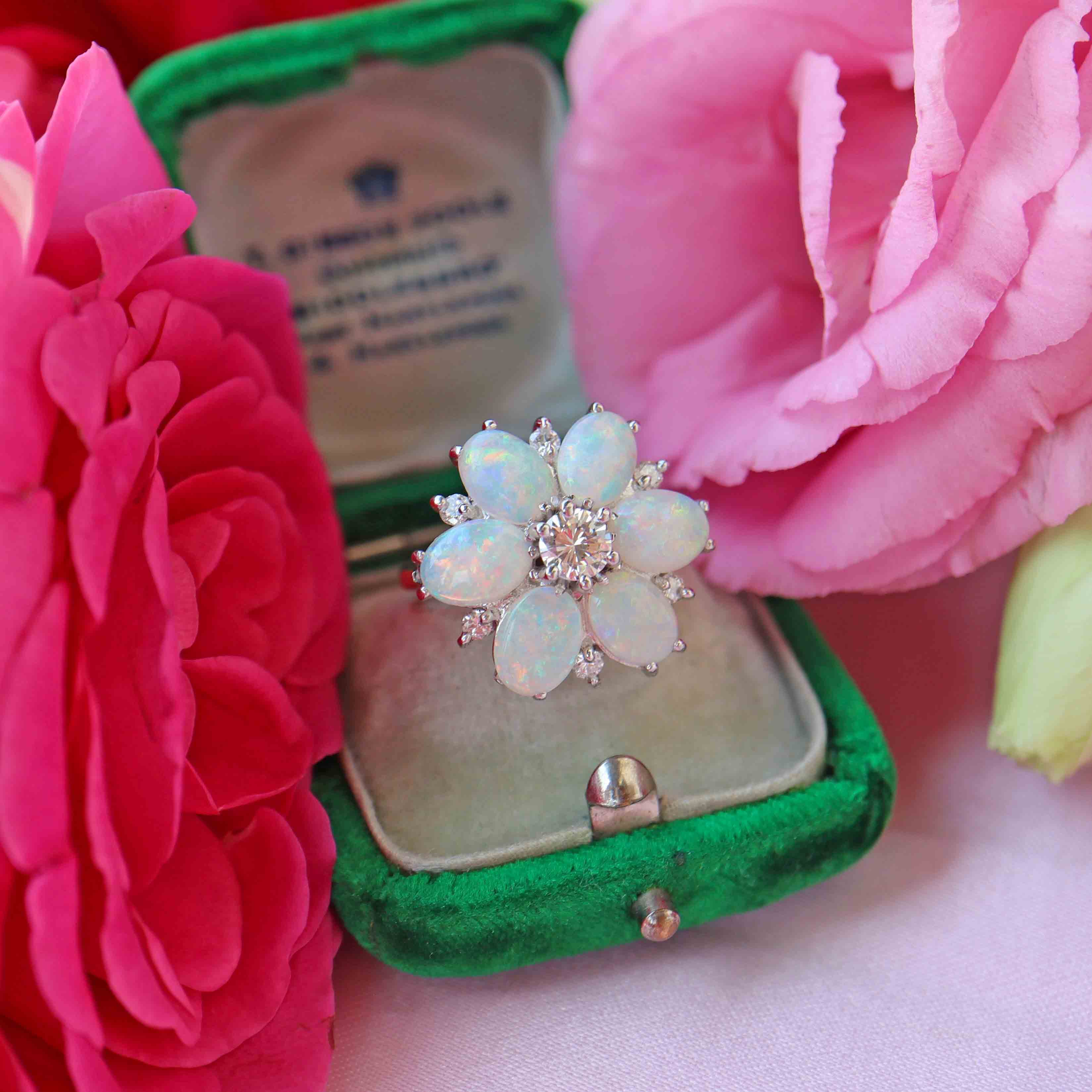 Ellibelle Jewellery Vintage Opal & Diamond 18ct Gold Daisy Cluster Statement Ring