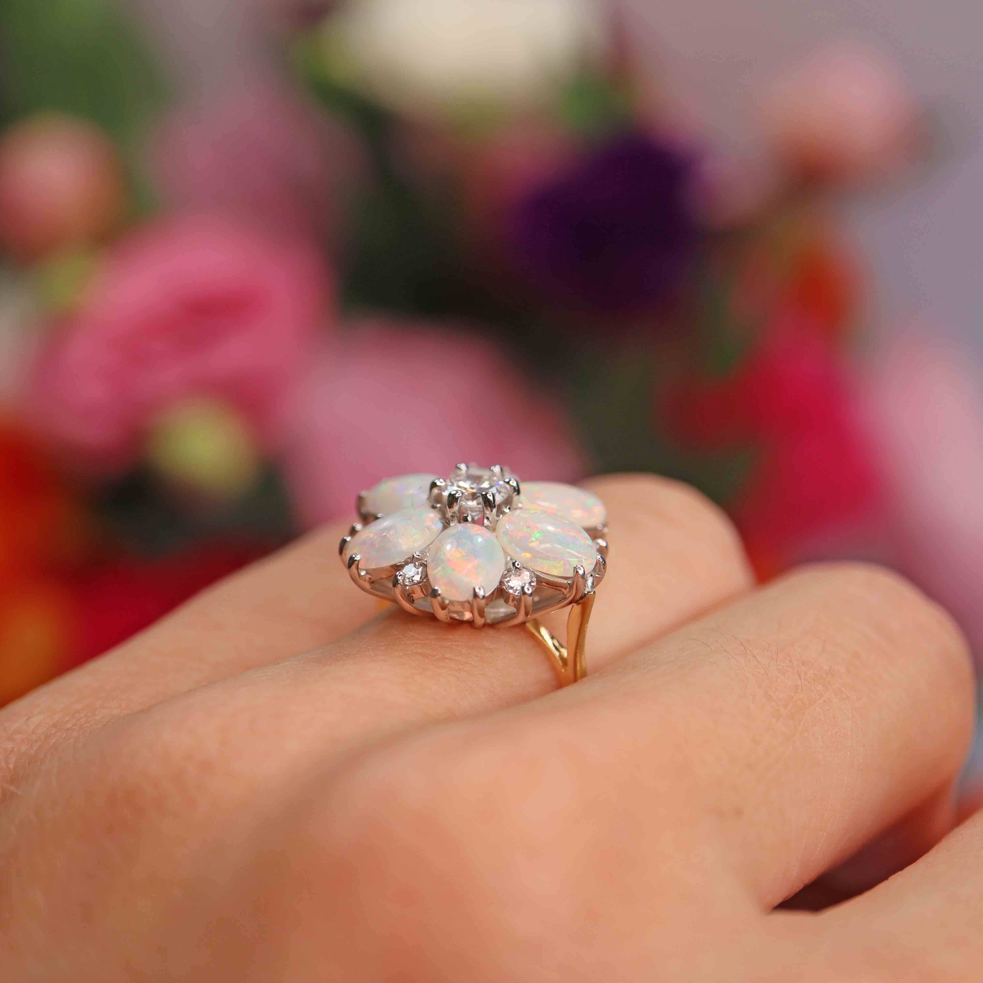 Ellibelle Jewellery Vintage Opal & Diamond 18ct Gold Daisy Cluster Statement Ring