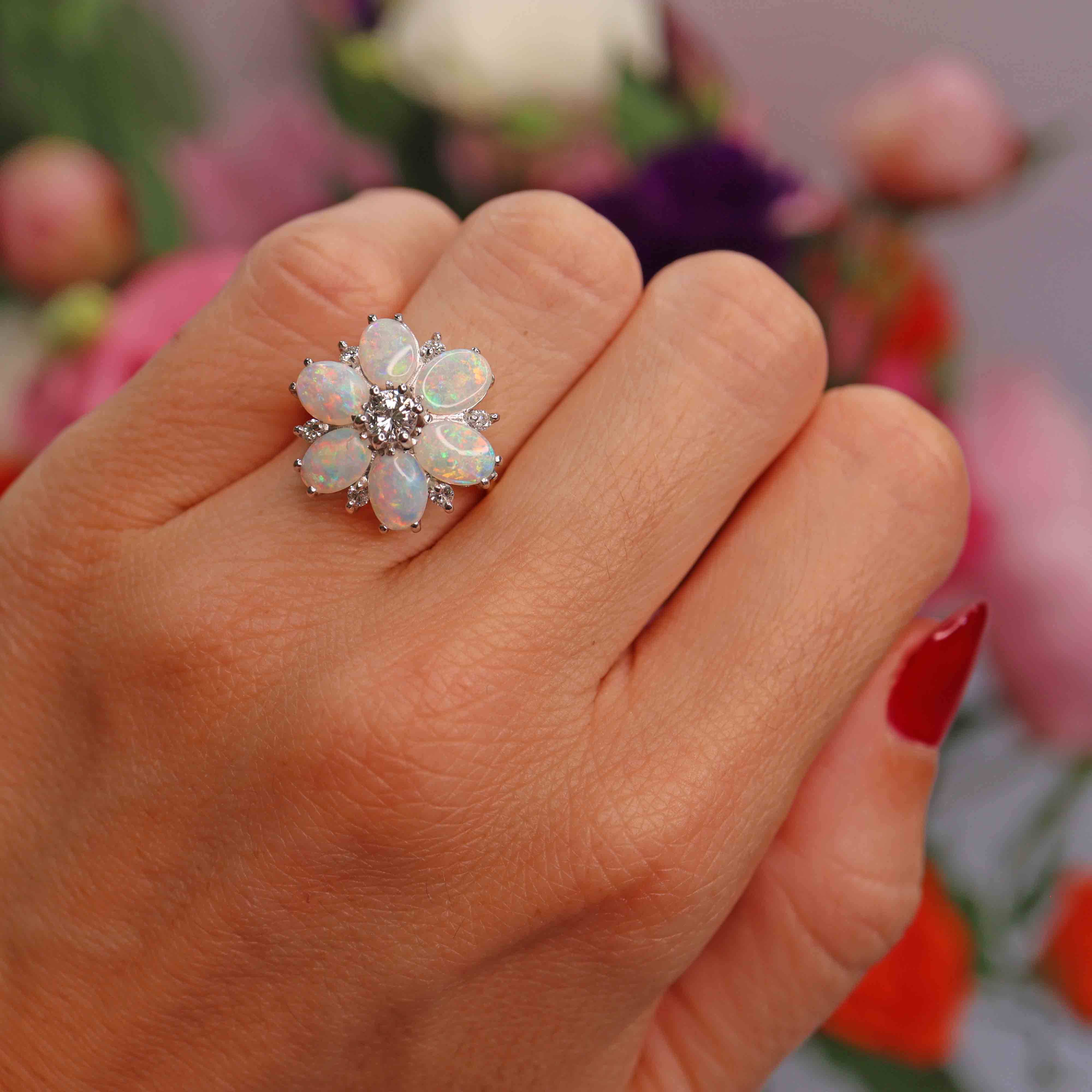 Ellibelle Jewellery Vintage Opal & Diamond 18ct Gold Daisy Cluster Statement Ring